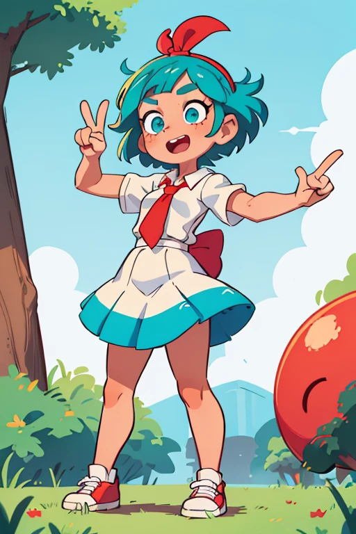 ((beste-Qualit, tmasterpiece)),
a 1girl, with turquoise hair, red headband with small beads, white blouse with short sleeves, dark turquoise tie and short skirt, fair skin and freckles, peach eyes, Cheerful face, white sneakers, opened mouth, in park,she has a bob, stands straight and shows two fingers the Victory sign