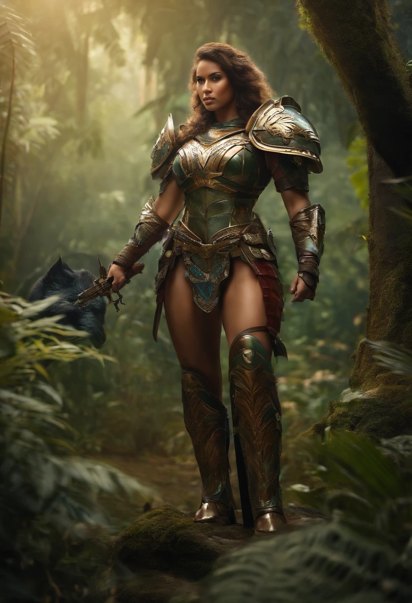 humantaur curvy girl with full body armor in the jungle, holding a lance weapon, sideviwe