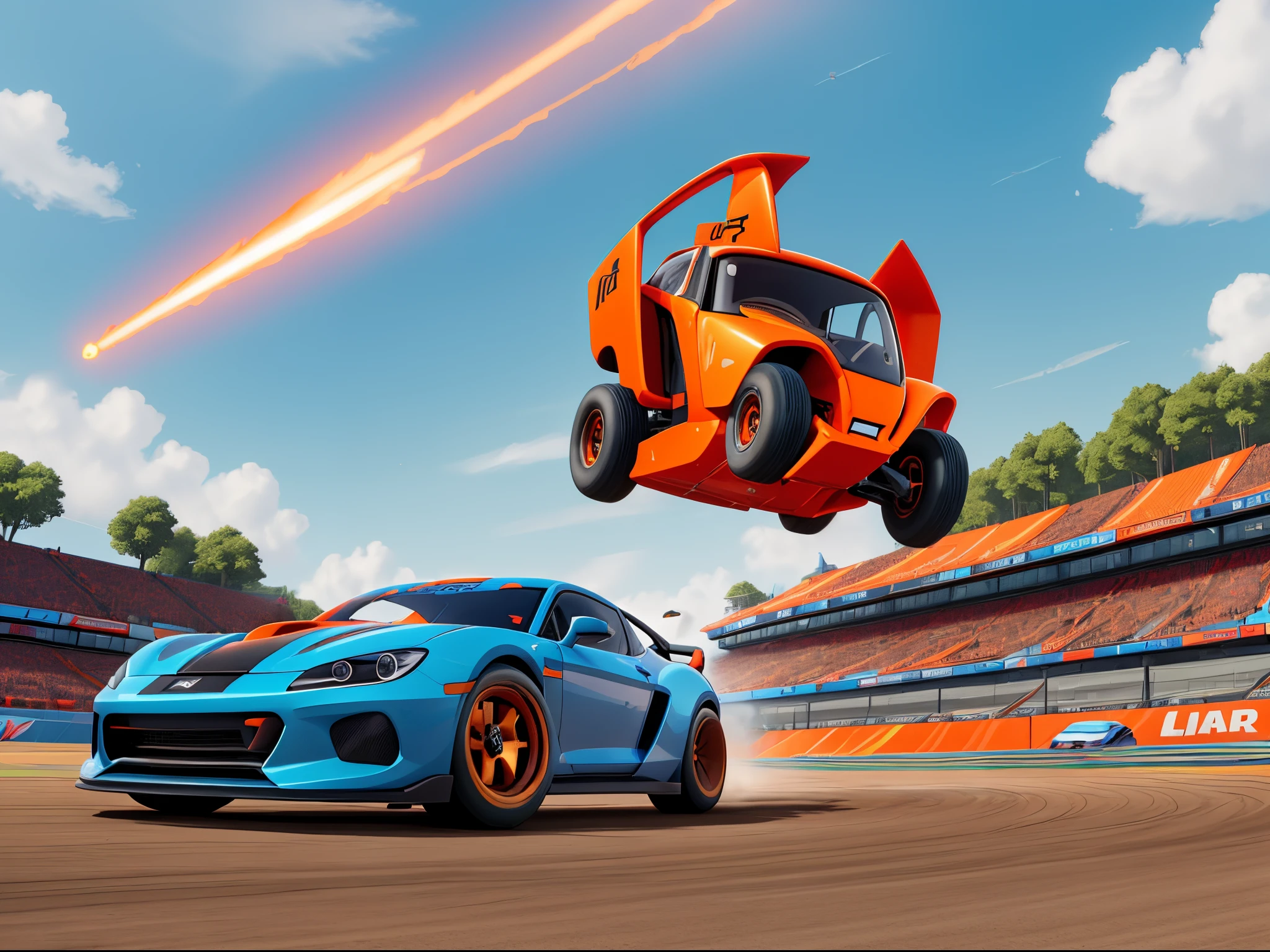 Please create a speed race track with car competing fast, jumping over obstacles, smoke in the tires, the breeze and a colorful sky painted with shades of orange and blue, high quality, futuristic track , diverse tracks and extreme obstacles, car flying from one track to another, rocket leagle, fast high quality, highly detailed, 8k,