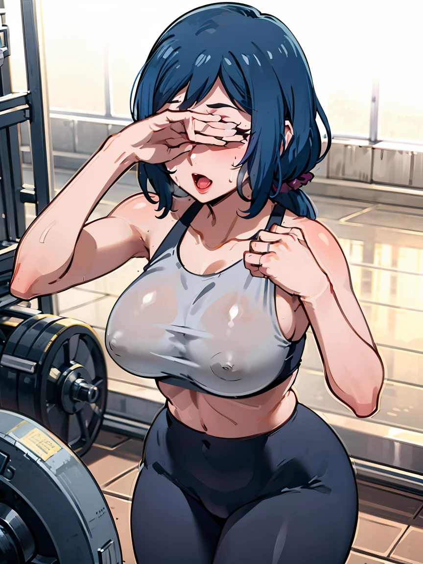 best quality, highly detailed, masterpiece, ultra-detailed,
(gym:1.2),
1girl, rinko-iori, wide hips, low ponytail, cowboy shot, (yoga pants), (sports bra), covered nipples, open mouth, steaming body, large breasts,
(covering eyes:1.4), (hand over eyes),
standing,