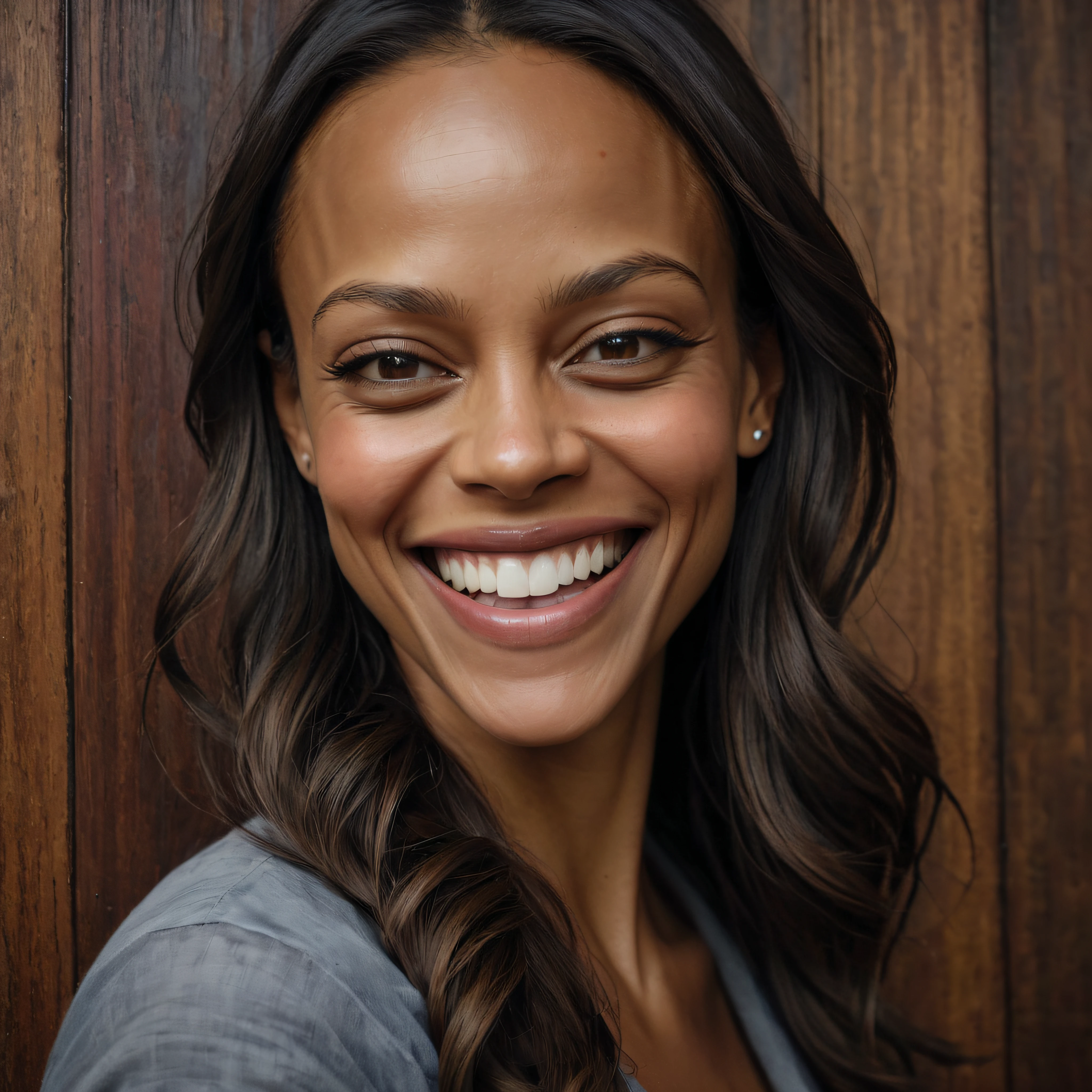 Zoe Saldana, smiling a big, toothy smile, close-up, facial portrait, a dark, stained wood panel wall in the background, professional quality Oil painting in the art style of Gilbert Stuart, 32k UHD, hyper realistic, photorealistic, realistic, extremely colorful, highly detailed, sharp, vibrant, masterpiece, best quality, intricate details, gorgeous, cinematic, vibrant, focused, clear