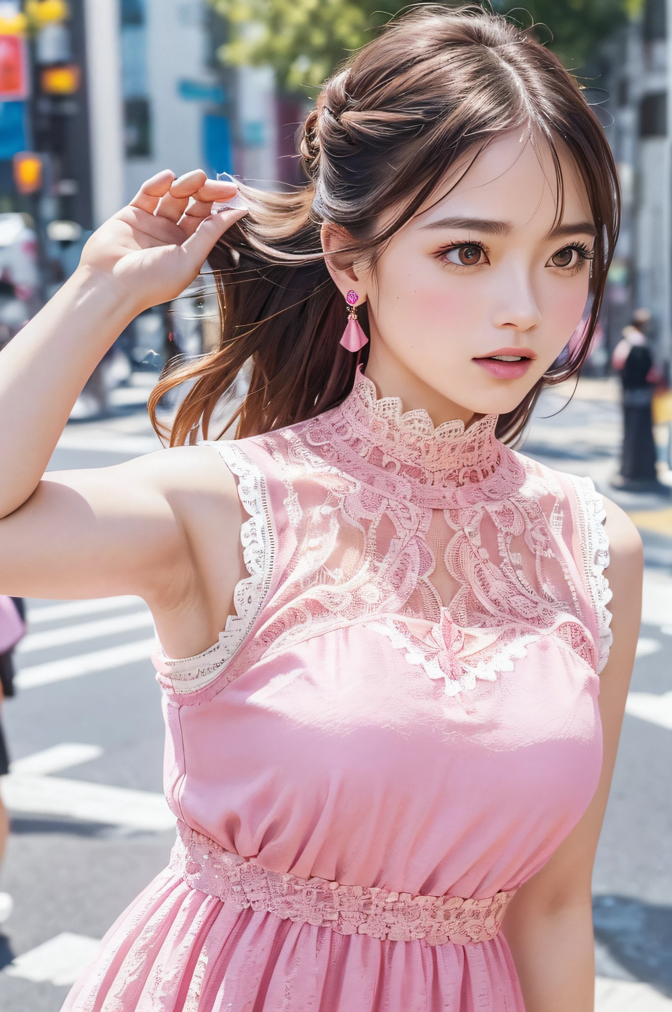a woman posing on the street corner with pink dress on, best quality, high res, 8k, 1girl, (huge breasts), day, bright, outdoor, (street:0.8), (people, crowds:1), (lace-trimmed dress:1.5, pink clothes:1.5, pink high-neck dress:1.5, sleeveless dress, pink dress: 1.5), gorgeous, (medium hair), beautiful detailed sky, beautiful earrings, (dynamic pose:0.8), (upper body:1.2), soft lighting, wind, shiny skin, looking at viewer,