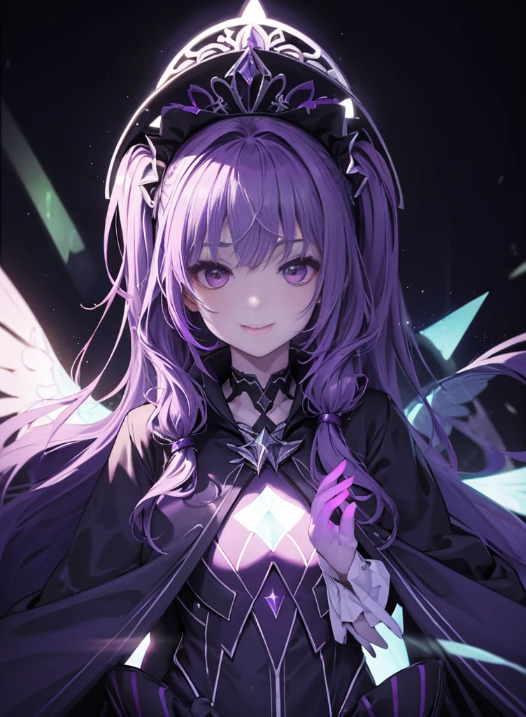 （fully body photo：1.4），Fluorescent background，（1 Witch，Flash fluorescence，Hats，see through tulle tang suit，Delicate tiara，ssmile），（paper art，Quilted paper art，geometry），（Lots of colors，Best quality at best，high detal，tmasterpiece，movie light effect，4K，lightand shade contrast），Purple clothes，pigtails，Purple knee-length socks，luminous totem，Purple-eyed，Purple hair and big breasts，pigtails，