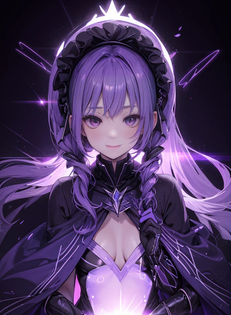 (fully body photo:1.4),Fluorescent background,(1 Witch,Flash fluorescence,Hats,see through tulle tang suit,Delicate tiara,ssmile),(paper art,Quilted paper art,geometry),(Lots of colors,Best quality at best,high detal,tmasterpiece,movie light effect,4K,lightand shade contrast),Purple clothes,pigtails,Purple knee-length socks,luminous totem,Purple-eyed,Purple hair and big breasts,pigtails,
