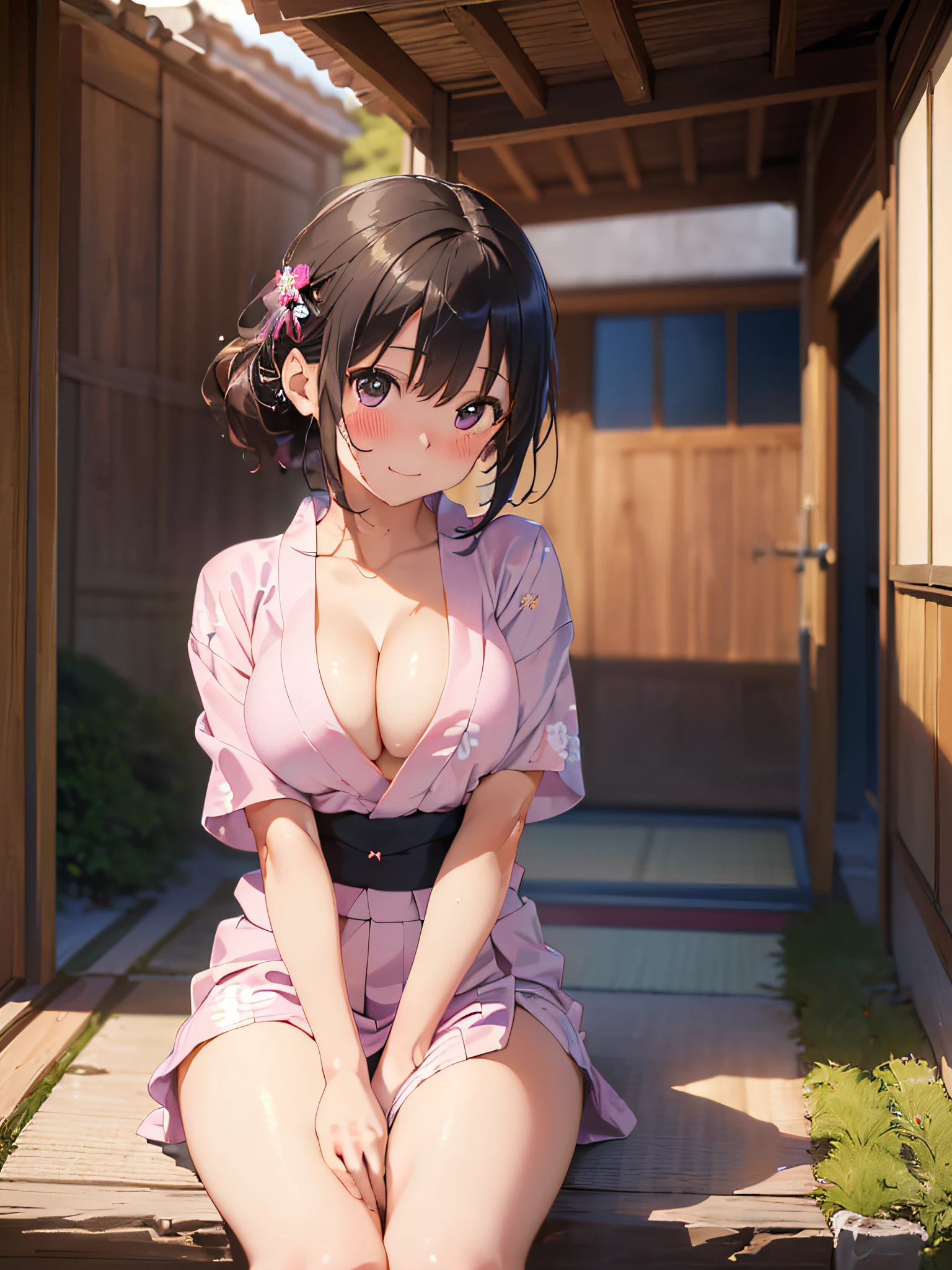 (masterpiece:2.0), (top-quality:2.0), (sitting naked:1.5), (extremely mini skirt extremely small pink yukata:1.5), (super thin fabric:1.5), (sexypose:1.5), (blushed face:1.3), (barechested:1.3), (realistic:1.5), 1 girl, precise hands, Embarrassed look, light smile, Look at me and smile, extremely cute girl, innocent face, young face, Clear eyes, Shining eyes, small breast, (cleavage of the breast is visible:1.5), (the thighs is visible:1.5), The crotch is visible, No pubic hair, full body, The beautiful skin, ultra-definition, Top resolution, japan high school student, brown hair, at the night festival