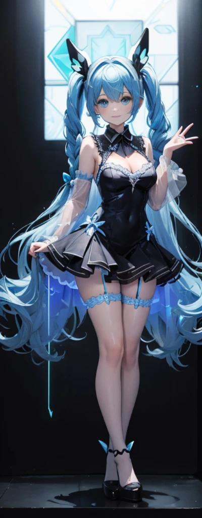 (Full body photo:1.4),Fluorescent background,(1 Witch,Flash fluorescence,Hats,see through tulle tang suit,Delicate headgear,ssmile),(paper art,Quilted paper art,geometry),(Lots of colors,Best quality,high detal,tmasterpiece,movie light effect,4K,lightand shade contrast),Blue sheer tulle dress,pigtails,Red knee-length socks,luminous totem,eBlue eyes,blue hair and big breasts,long braid,