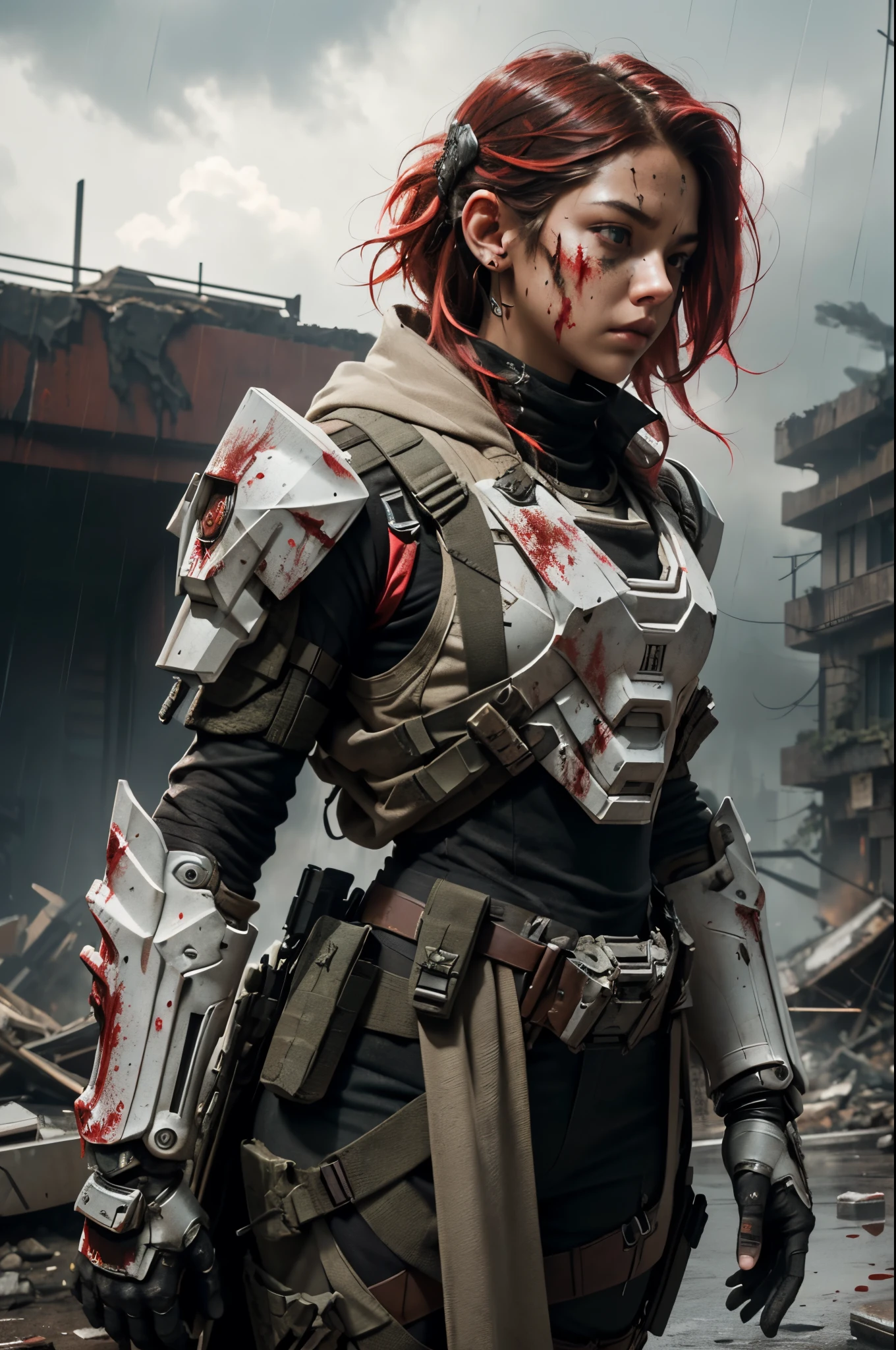 {{{{{masterpiece, best quality, official art, 8k, high resolution illustration}}}}}, Postapocalyptic combat scene, hyperrealisticRunic tattoos, ((dirty face, Blood splattered)), (((wearing full heavy tactical armor, combat harness, Neon highlights))) Short Red Dreadlocks, combat pose, (((Holding on to the side of a combat Sci-Fi Combat tank))), exterior of Destroyed building, Fires, Smoke, debris, Camo netting, Ammo Boxes, Rain, Stormy, Wet, abstract beauty, near perfection, sci-fi rifle, {{combat helmet}}, 1girl, intricate detail, 8k post-production, High resolution, trending on ArtStation, sharp focus, studio photos, intricate detail, Very detailed, nordic female, white|black armor.