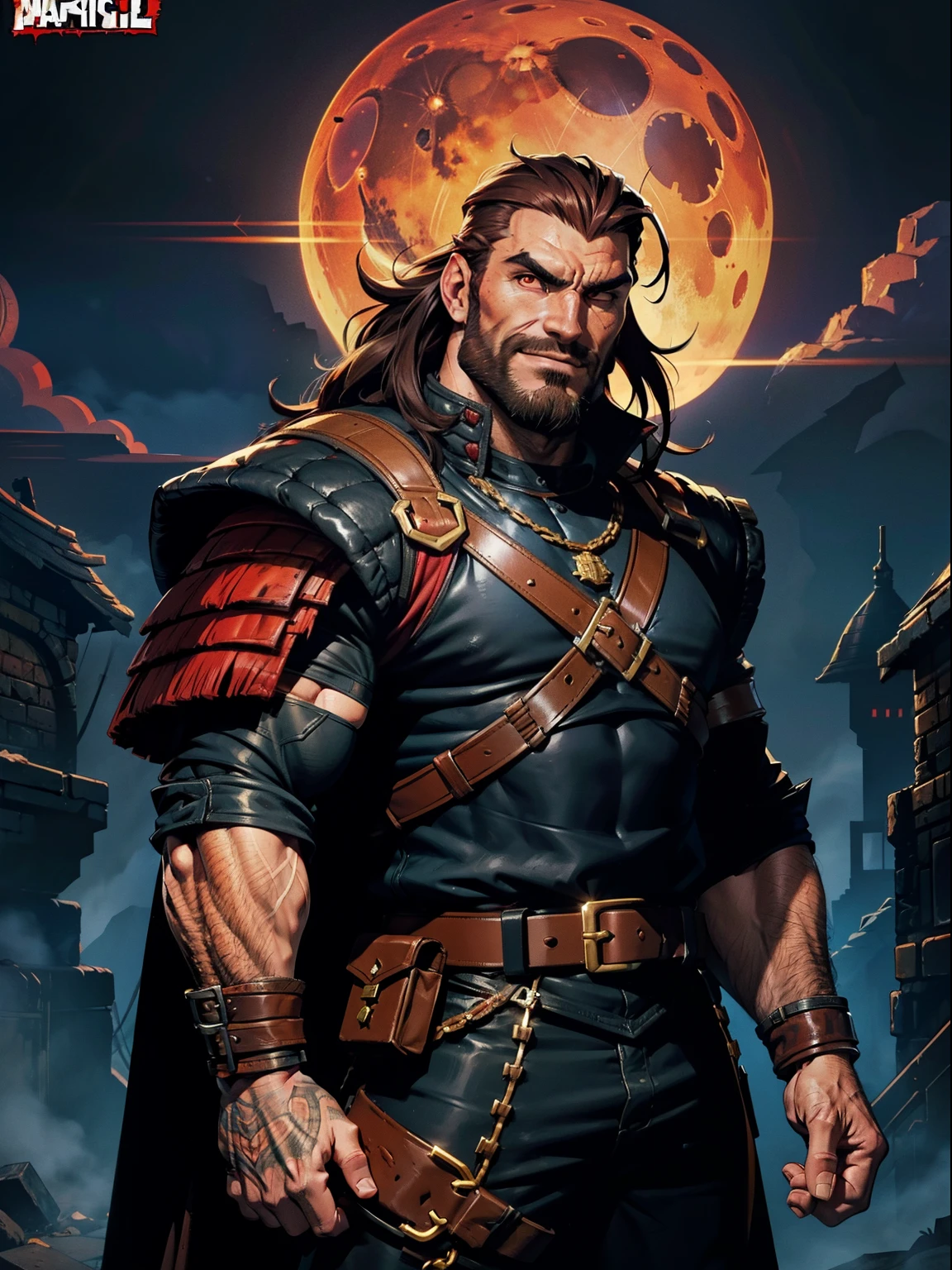 Dark night blood moon background, Darkest Dungeon style, game portrait. Vinnie Jones as Sadurang from Marvel comics, heavy athlete, short mane of brown hair, mullet, stubble beard, 30 years old, {{glowing red eyes}}.  Wily smile, badass, dangerous. Wearing military uniform, {{{scales}}}. Villian, badass. Hit pose.