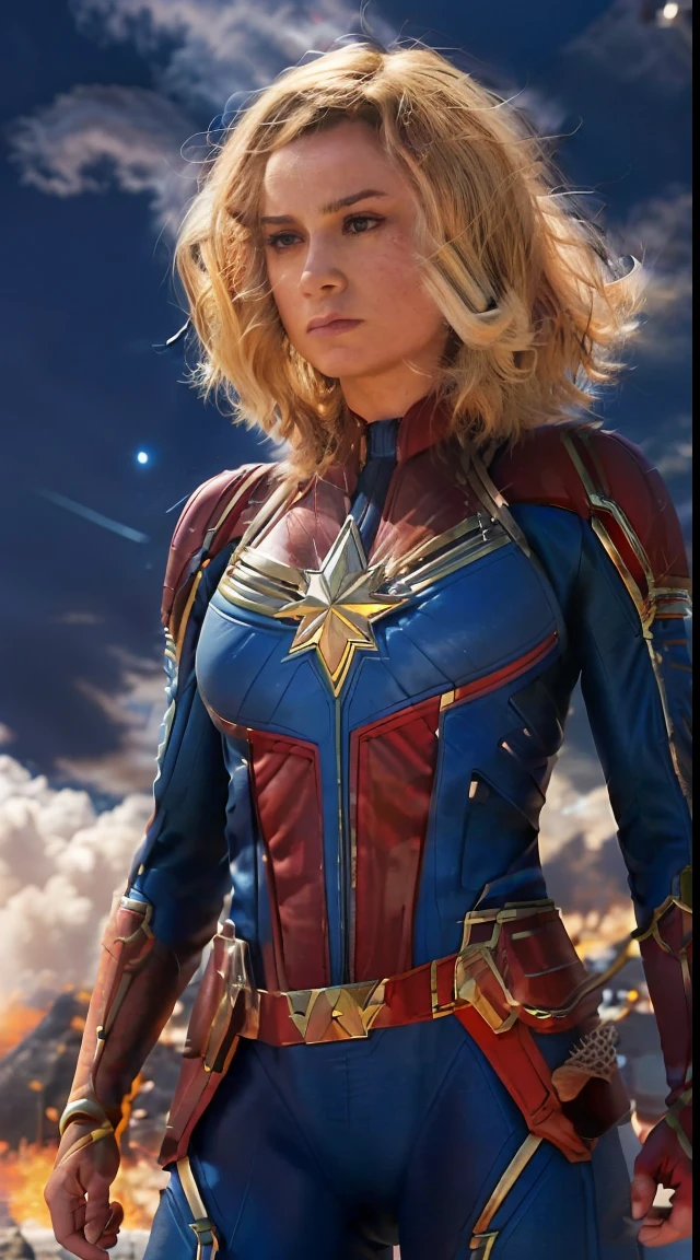 Brie Larson As Captain Marvel, full body suit flying in space