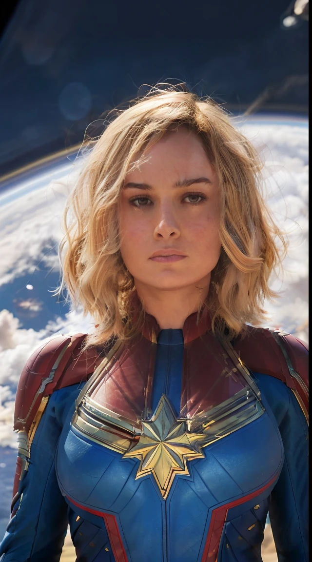 Brie Larson As Captain Marvel, full body suit flying in space