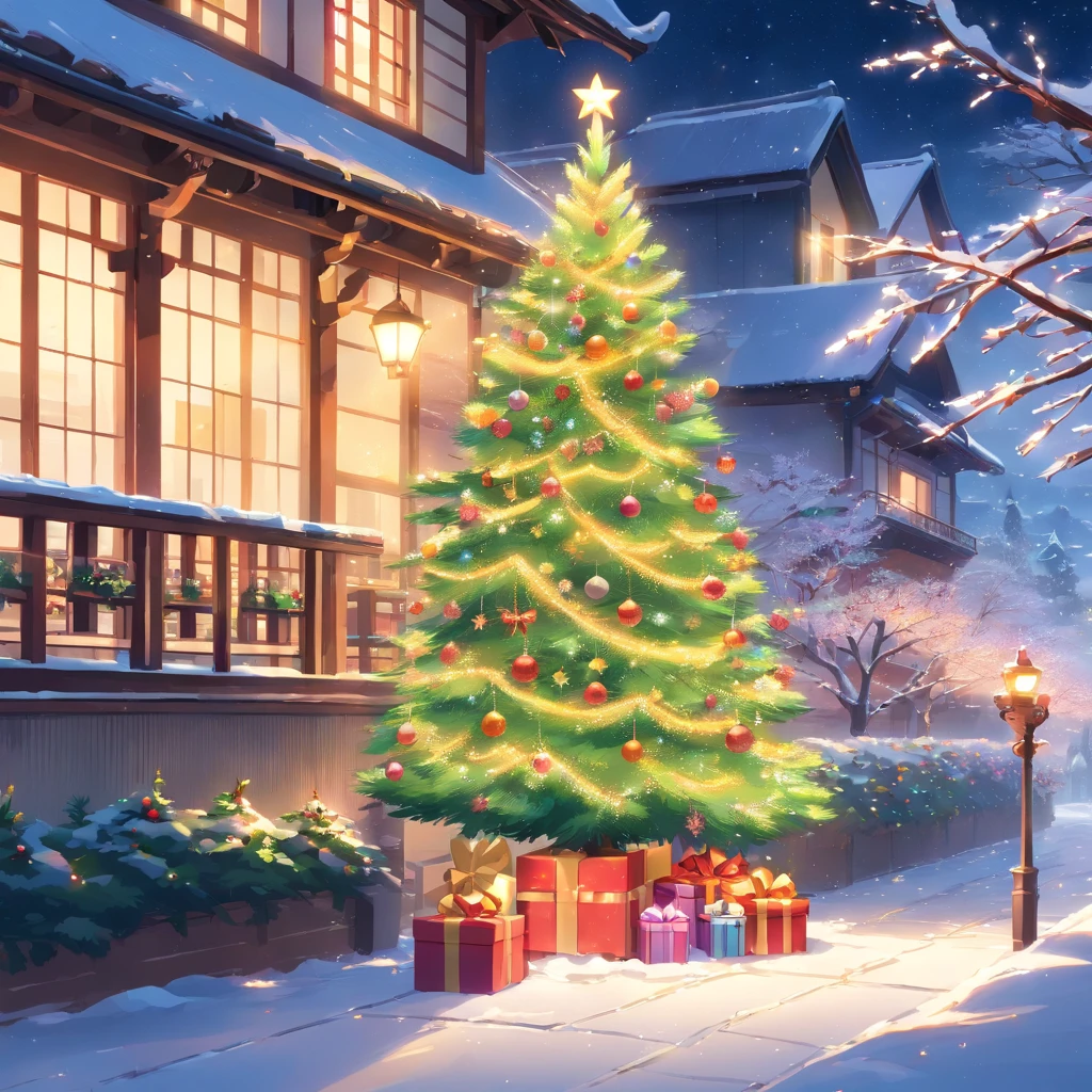 This image shows a beautiful and majestic Christmas tree outside the house。The height of the tree is about 2 meters,Standing in the middle of a spacious and flat garden。The trunk is straight and straight,It is dark brown,and decorated with colored lights,dotted with red、green and gold light。
The branches are covered with various elaborate Christmas decorations,Like a shining star、Colorful Christmas balls and colorful bows。meanwhile,There are fine snow-white feathers hanging between the branches,As if white snowflakes are falling gently on it。
The whole garden is covered with a thin layer of snow,Snowflakes of all sizes are flying in the air。Houses in the distance shine with warm yellow light through their windows,Make the whole scene more warm and peaceful。
Under the tree,Several gift boxes were placed,beautifully wrapped,Covered with gorgeous colored paper and ribbons,Seems to be waiting to be opened by children。
The whole scene is filled with the festive atmosphere of Christmas,Make people feel warm and happy。This is an ideal picture of a Christmas tree outside your home,Can be added for holidays