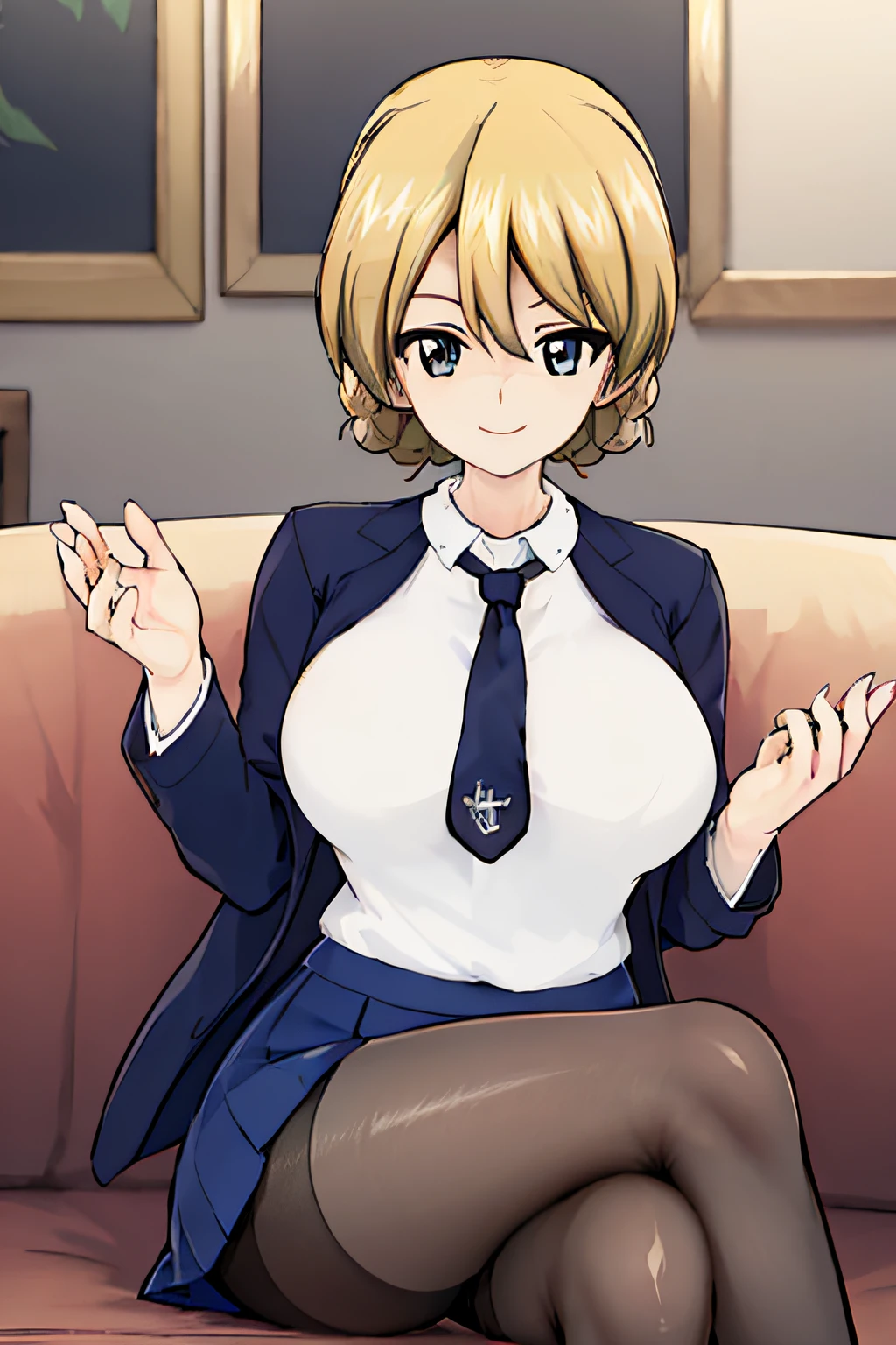 masterpiece, best quality, distinct image,1girl, solo, girls und panzer,darjeeling,large breasts, gloriana's school uniform, blue sweater, blue skirt, black necktie, white shirt, black pantyhose, st. gloriana's \(emblem\), sitting, crossed legs,light smile, blush, indoors, couch