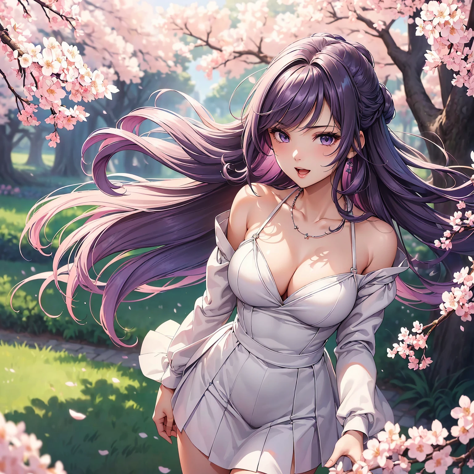 (top-quality、masterpiece、very high res、An ultra-high picture quality、High quality pixels)、(1girl,She is a mysterious and bewitching woman, And she is 18 years old,1 person,Single,独奏:1.5)、(She is a very beautiful woman with a beautiful face)、(Beautiful face written in detail,Beautiful body,Strong-willed eyes,Purple eyes,beautiful colored hair,Beautiful skin texture,Beautiful hair quality,Variety of hairstyles)、(Slender body and beautiful breasts)、(Lovely smile,Open mouth),(Wearing a long sleeve sweater,a miniskirt,1 necklace,shoulders are exposed),(A path lined with flourishing cherry blossom trees,The cherry tree),(model poses,modelshoot,Magazine shooting,Hair flutters under the influence of the wind),The wind is blowing、Beautiful Art Style, an animated character、(The whole picture、Detailed picture、accurate anatomy、Defect-free images、extremely detailed picture、Accurate images、perfect image)、(Best Shot Photo 1.2)
