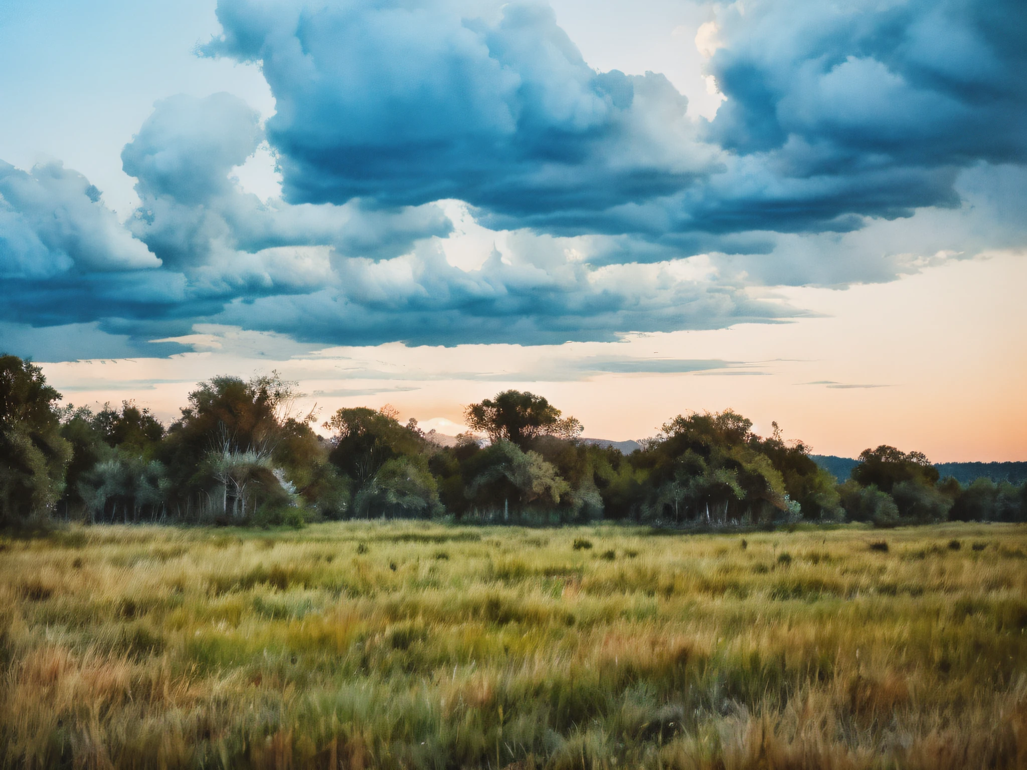 night time, grassland, buffalo, clouds, trees, no people, no roads, no cars, no buildings, vibrant,