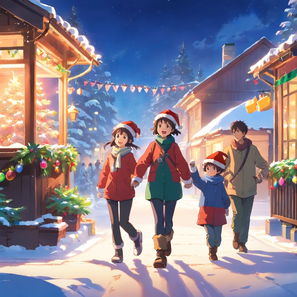 happy dancing people,Wearing Christmas hat and colorful decorations。A is putting a Santa hat on a snowman,Another child is making snowballs for a snowball fight。in distance,A sleigh pulled by reindeer is parked in front of the house,Santa Claus is waving to the children。The whole scene is full of joy、Lively and convivial atmosphere,Show the joy and warmth of Christmas。