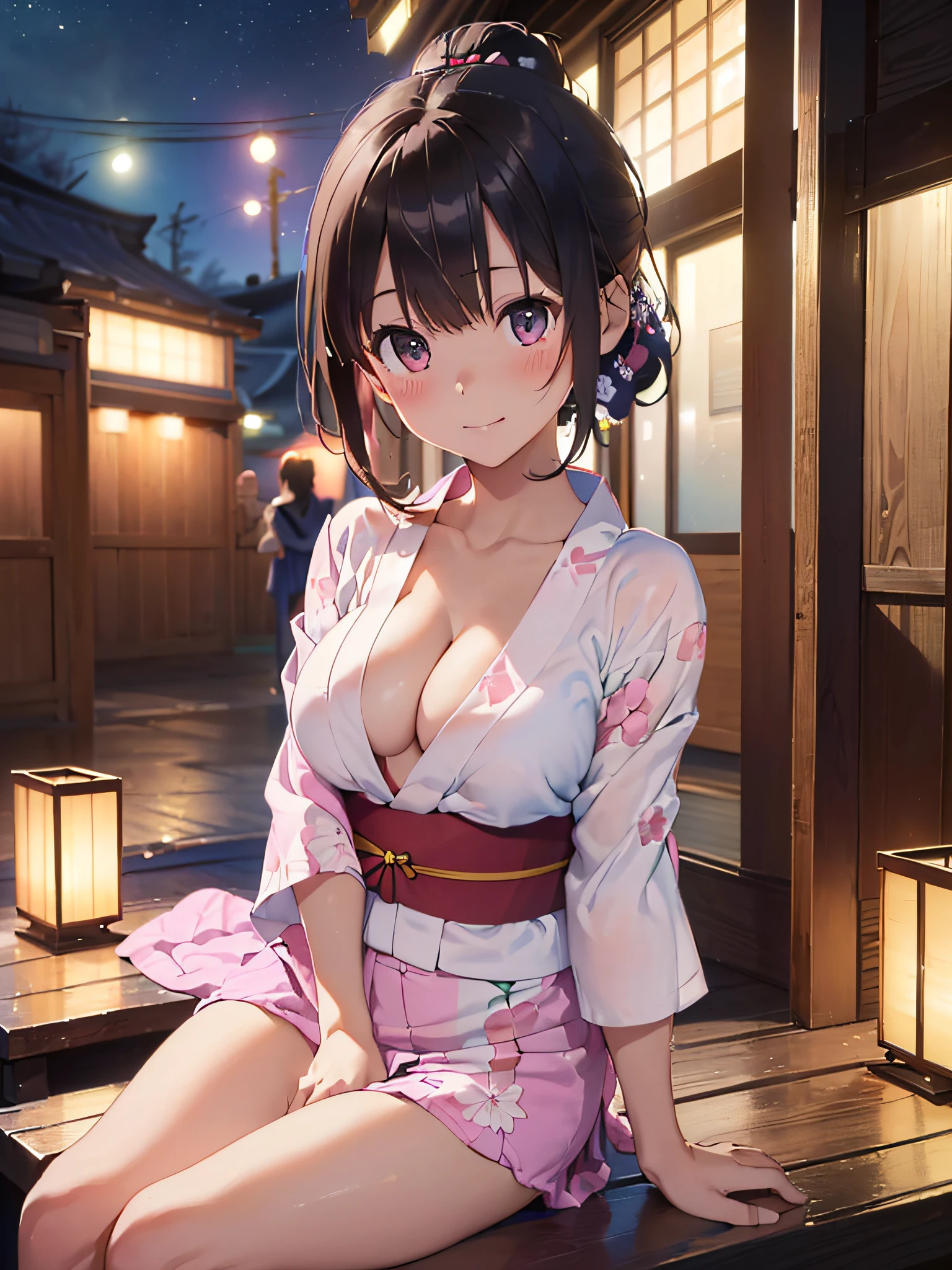 (​masterpiece:2.0), (top-quality:2.0), (sitting naked:1.5), (extremely mini skirt extremely small pink yukata:1.5), (super thin fabric:1.5), (sexypose:1.5), (blushed face:1.3), (barechested:1.3), (realistic:1.5), 1  girl, precise hands, Embarrassed look, light smile, Look at me and smile, extremely cute girl, innocent face, young face, Clear eyes, Shining eyes, small breast, (cleavage of the breast is visible:1.5), (the thighs is visible:1.5), The crotch is visible, No pubic hair, full body, The beautiful skin, ultra-definition, Top resolution, japan high school student, brown hair, at the night festival