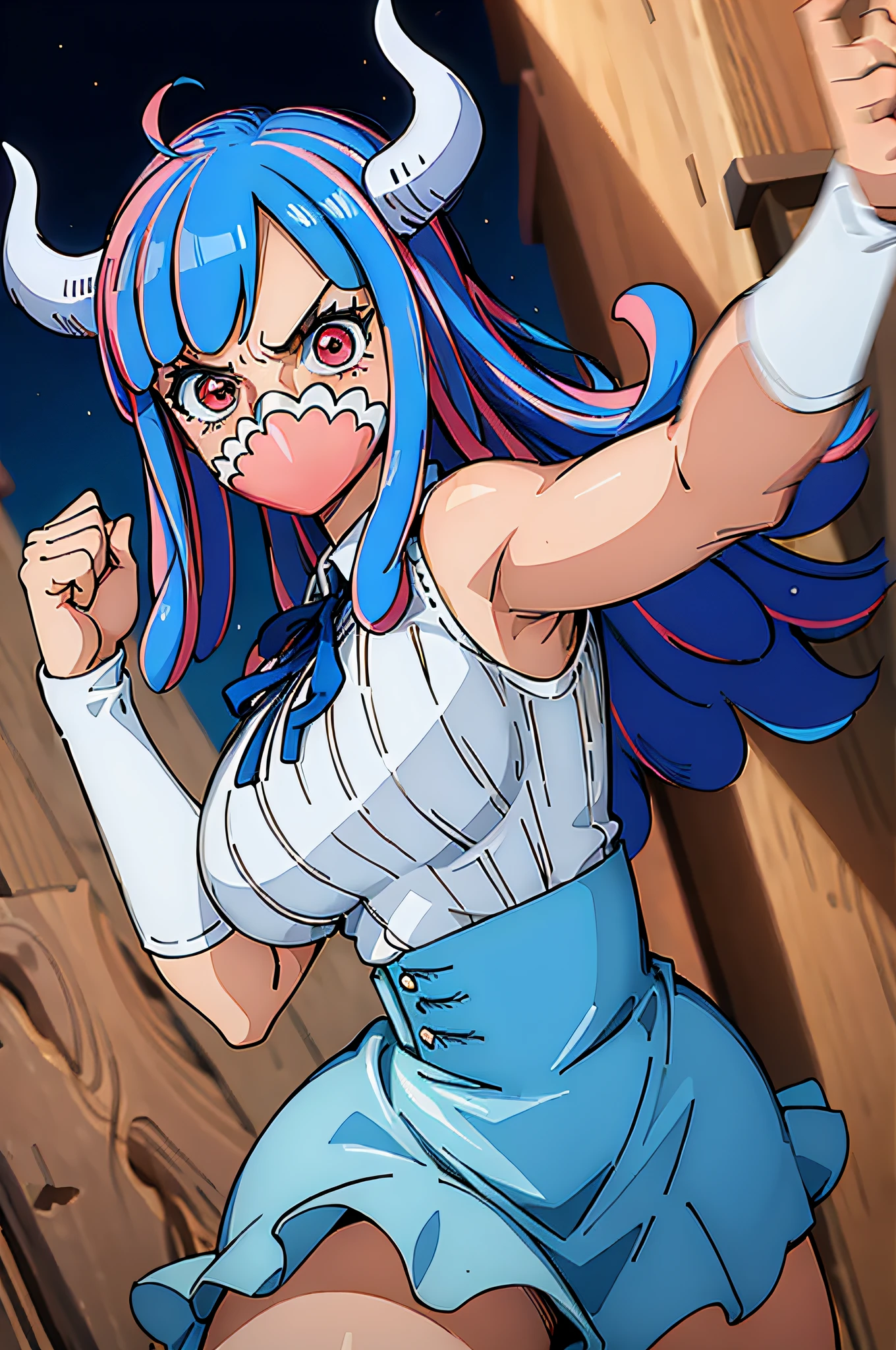 (masterpiece, best quality:1.4), cinematic light, colorful, high contrast, (1girl), UltiOP, onepieceanime, ((large breasts)), multicolored hair, long hair, blue hair,  pink hair, bangs, horns, short skirt, blue skirt, high-waist skirt, white shirt, long sleeves, blue cape, outdoors, blush, fighting stance, clenched fists