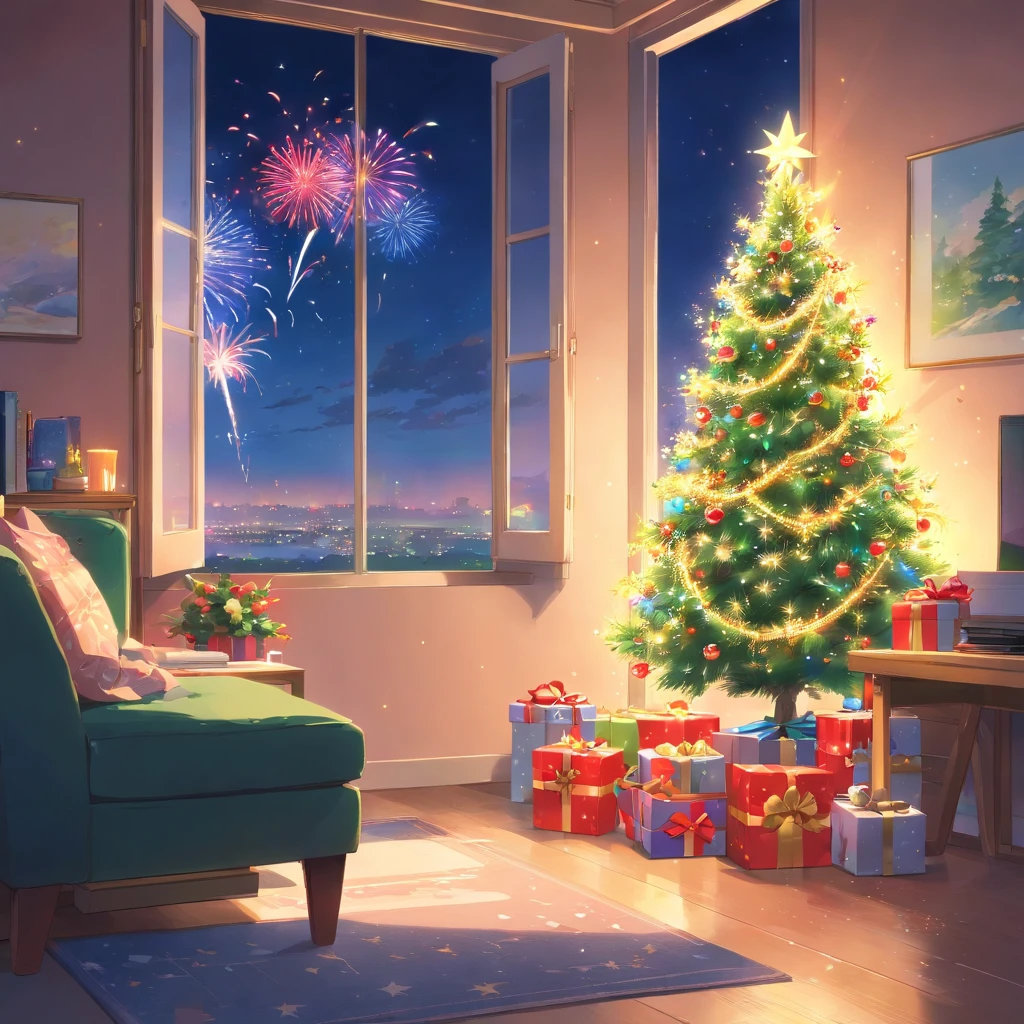 in the spacious living room,A gorgeous Christmas tree stands tall。The branches are decorated with colorful lights,Let the whole room be filled with warm light。Brilliant colorful balls and shining stars dotted among the branches,It gives a fairytale feeling。
Gifts of all shapes and sizes hanging from the Christmas tree。Exquisite gift box wrapped with exciting surprises,Gold, silver, red and green ribbons are twisted into beautiful bows。Every gift represents warmth and blessing,Waiting to be opened。
Through the window,You can see nightfall outside the house,Dots of fireworks bloom in the darkness。Colorful lights cut through the night sky,Illuminates the whole city。The sound of fireworks bursting into the room accompanied by cheers,Gives people a feeling of joy and blessing。
Outside the house