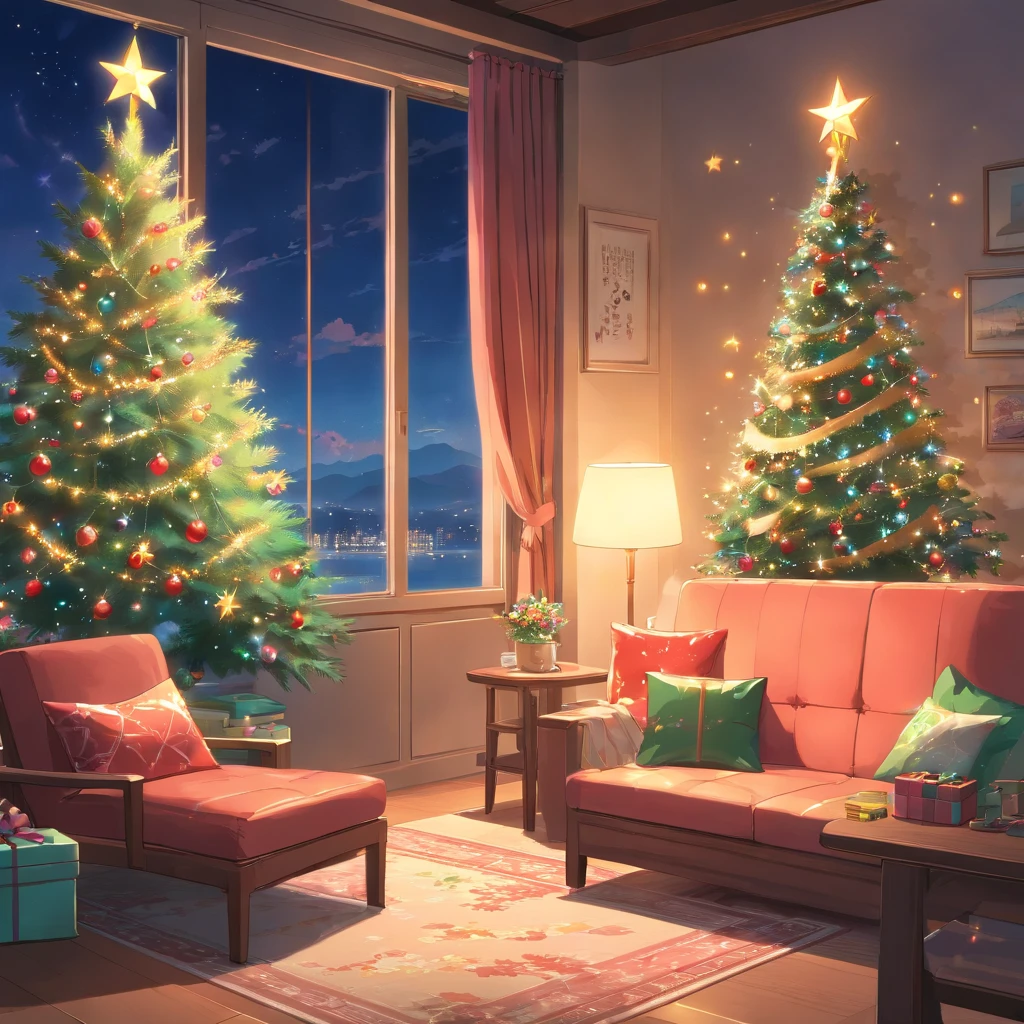 in the spacious living room，A gorgeous Christmas tree stands tall。The branches are decorated with colorful lights，Let the whole room be filled with warm light。Brilliant colorful balls and shining stars dotted among the branches，It gives a fairytale feeling。

Gifts of all shapes and sizes hanging from the Christmas tree。Exquisite gift box wrapped with exciting surprises，Gold, silver, red and green ribbons are twisted into beautiful bows。Every gift represents warmth and blessing，Waiting to be opened。

Through the window，You can see nightfall outside the house，Dots of fireworks bloom in the darkness。Colorful lights cut through the night sky，Illuminates the whole city。The sound of fireworks bursting into the room accompanied by cheers，Gives people a feeling of joy and blessing。

Outside the house