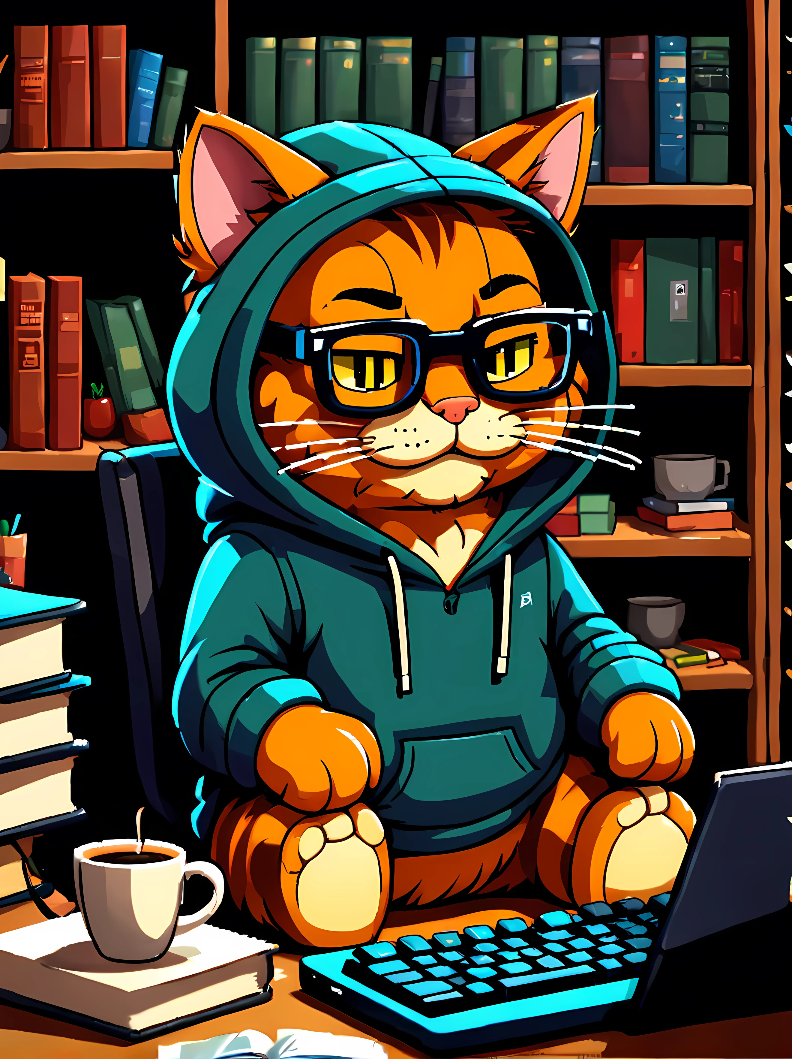 (pixel art:1.3), (solo:1.3), (front view:1.3), the iconic tabby ((Garfield)) the cool programmer is seen sitting behind his computer, surrounded by coding books and a cup of coffee, wearing a stylish pair of glasses and a hoodie, exuding a confident and relaxed vibe, as he types away on his keyboard, his expression radiates a mix of focus and mischief hinting at the mischievous code he might be crafting, (Matrix vibes)