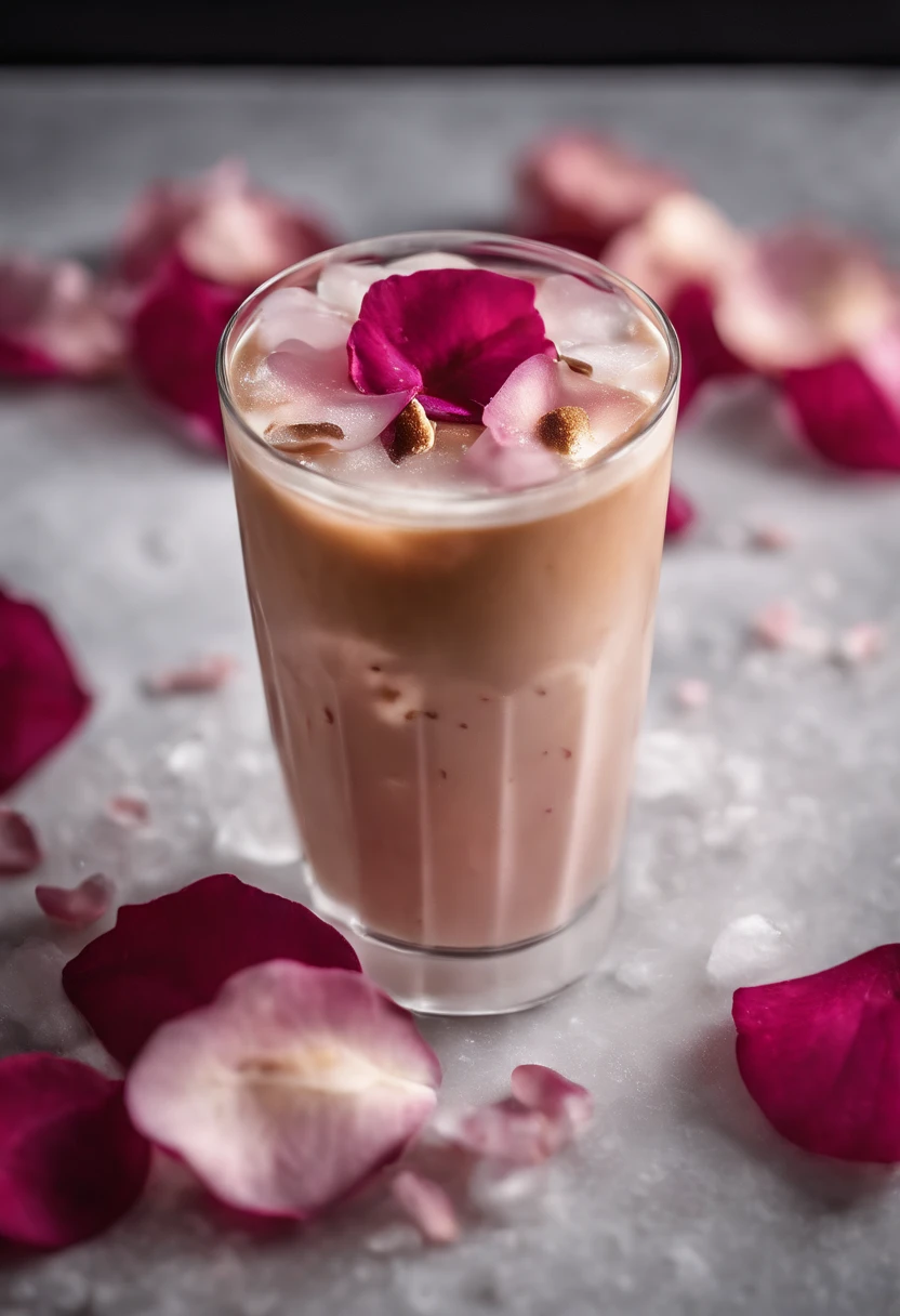 An artistic image of a rose petal-infused iced latte, capturing the delicate pink hues of the rose petals steeped in the milk, creating a visually pleasing ombré effect, garnished with a sprinkle of dried rose petals and served over ice.