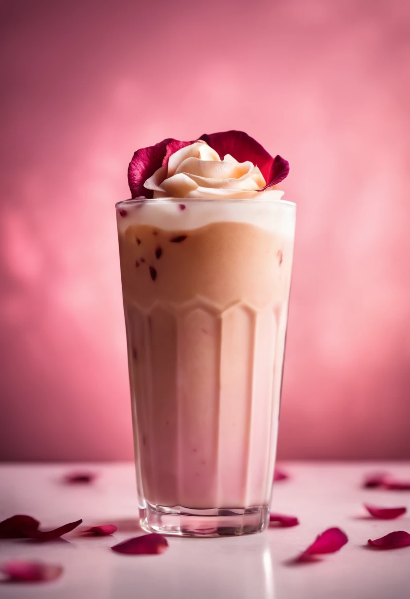 An artistic image of a rose petal-infused iced latte, capturing the delicate pink hues of the rose petals steeped in the milk, creating a visually pleasing ombré effect, garnished with a sprinkle of dried rose petals and served over ice.