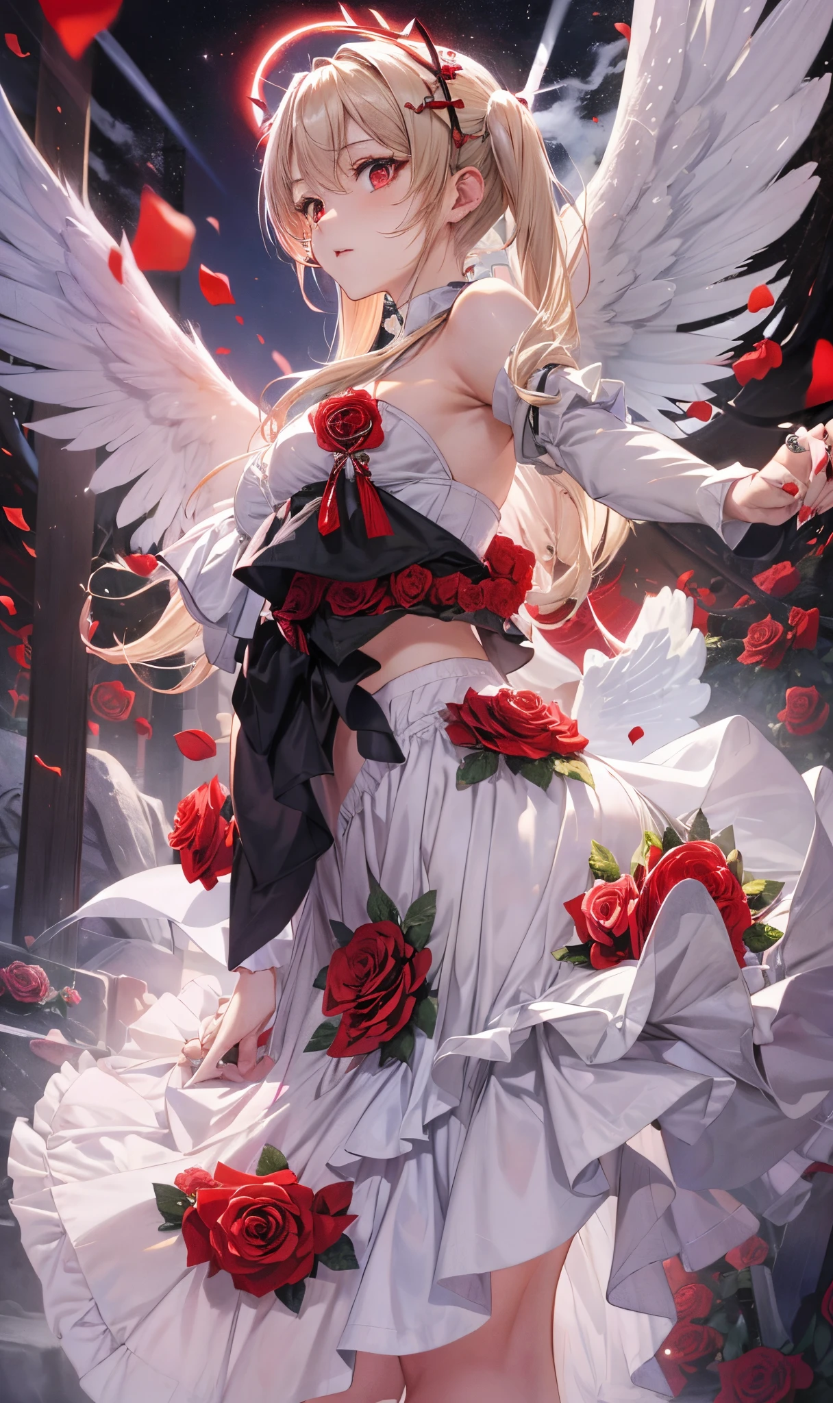 top-quality、masutepiece、1womanl、独奏、20yr old,(abstract art:1.4),(beautiful angel woman in the center:1.4),,A ray of light spreads,(Many red roses are dancing in the sky:1.4),(A big full moon in the black sky:1.5)(God of short blonde twintails),(Hair parted in the middle),(big angel wings and angel ring),(Red Eyes:1.3)