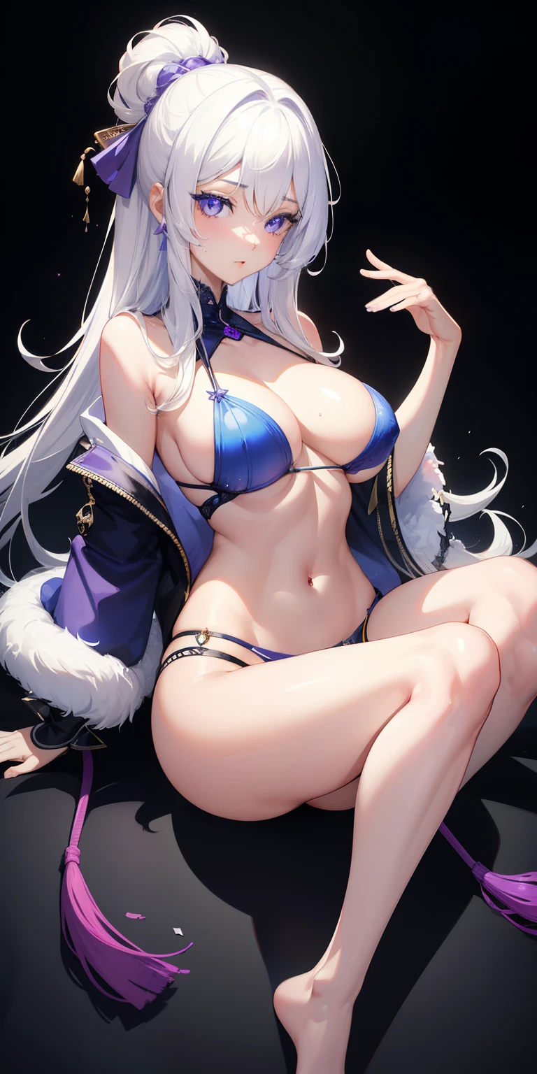 (tmasterpiece:1.2,Best quality),(exquisite and beautiful eyes:1.2),(Very detailed CG unified 8k wallpaper,tmasterpiece,Best quality,ultra - detailed,The best shadow),(detailedbackground),(beautiful detailed face,美丽细致的眼睛),hight contrast,(The best lighting,Extremely Delicately Beautiful),1个Giant Breast Girl,(Colored paint splattered on transparent background,Dulux,)),((Caustics)),dynamic angle,beautiful detail glow,((Full body lesbian)),Denim lenses, White hair,a purple eye,Thick coating