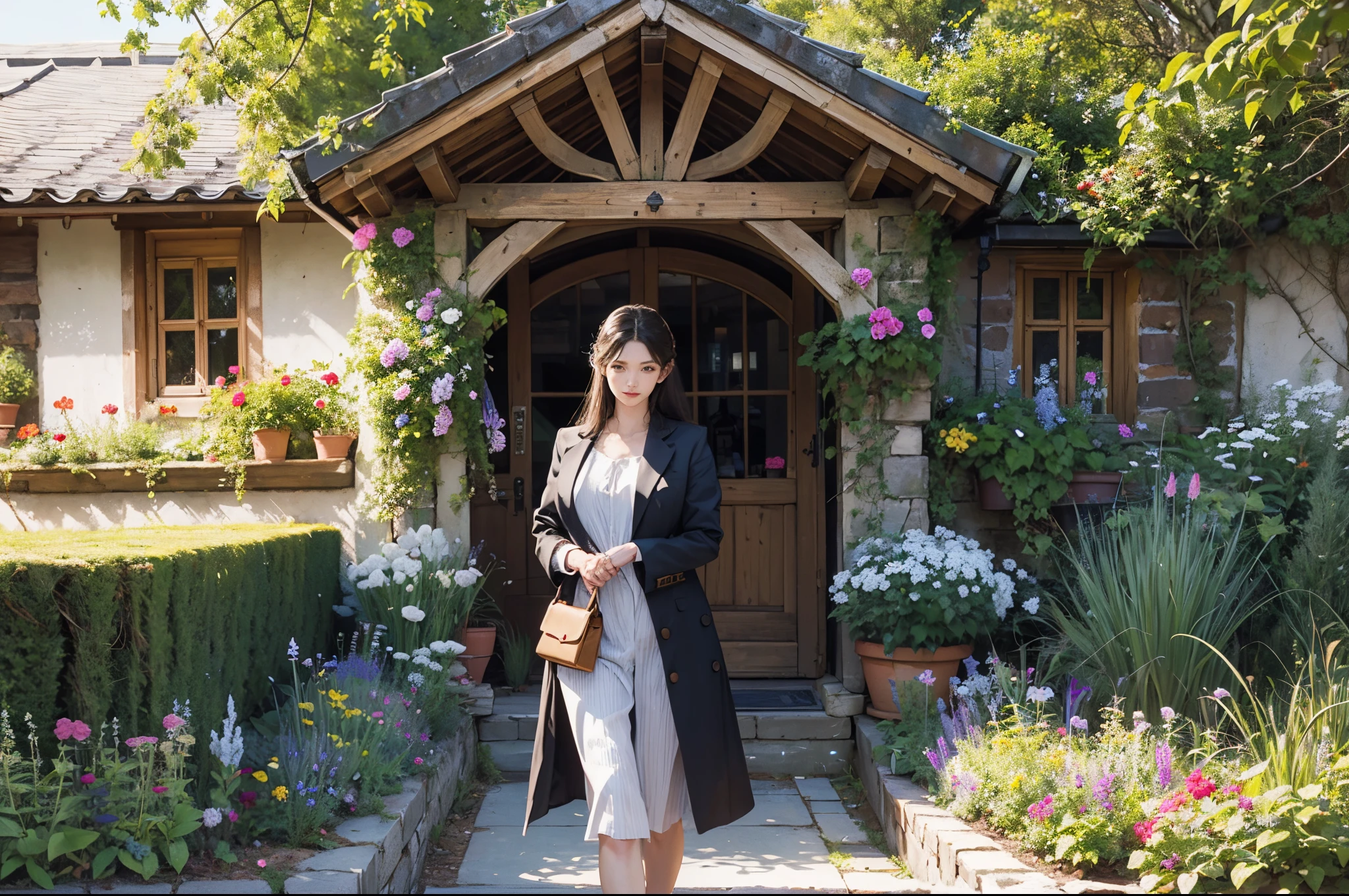 English home style,huge husky dog in the garden , Florian garden with many colours, daylight scene, young beautiful woman in the garden --auto --s2