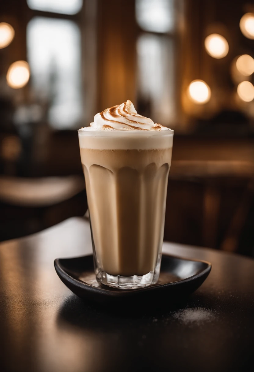 A high-resolution photograph of a classic vanilla iced latte, showcasing the smooth, creamy texture of the milk melding with the aromatic vanilla syrup, topped with a dusting of vanilla bean powder and served over ice.