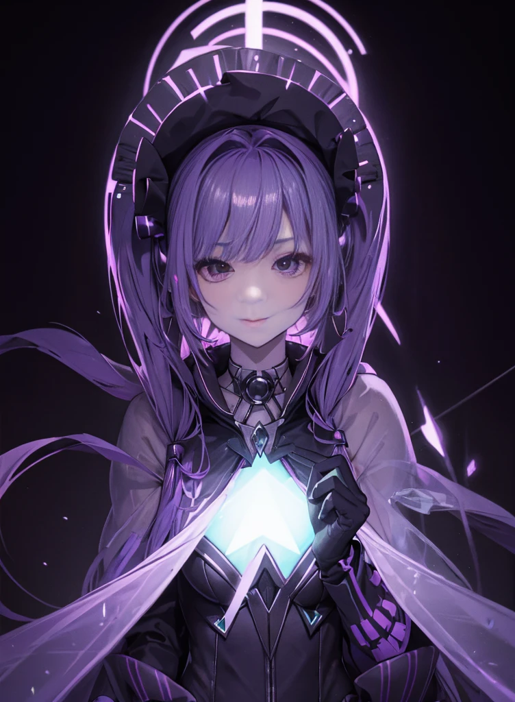 (Full body photo:1.4),Fluorescent background,(1 Witch,Flash fluorescence,Hats,see through tulle tang suit,Delicate headgear,ssmile),(paper art,Quilted paper art,geometry),(Lots of colors,Best quality,high detal,tmasterpiece,movie light effect,4K,lightand shade contrast),Purple clothes,pigtails,Purple knee-length socks,luminous totem,Purple-eyed,Purple hair and big breasts,pigtails,