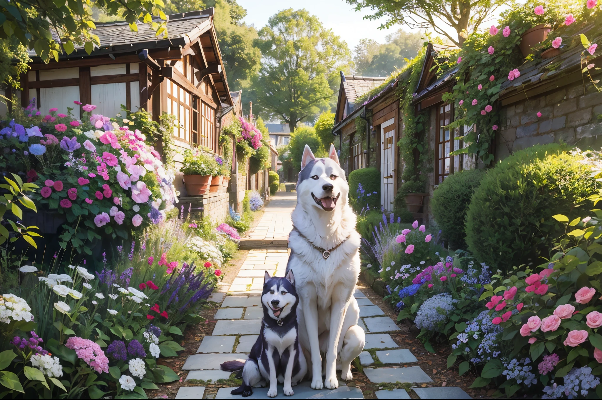 English home style,huge husky dog in the garden , Florian garden with many colours, daylight scene, young beautiful woman in the garden --auto --s2
