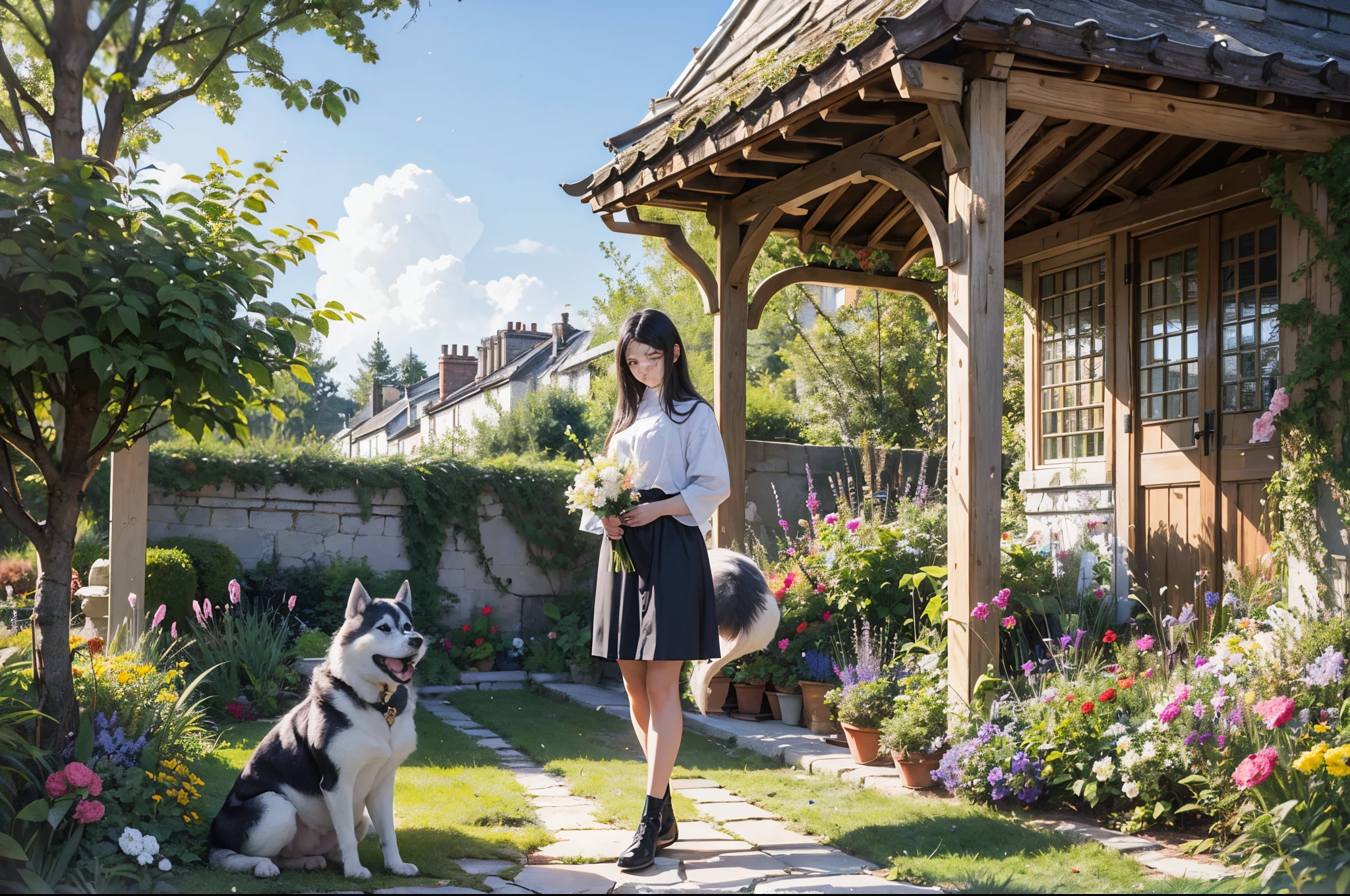 English home style,huge husky dog in the garden , Florian garden with many colours, daylight scene, young beautiful woman in the garden --auto --s2