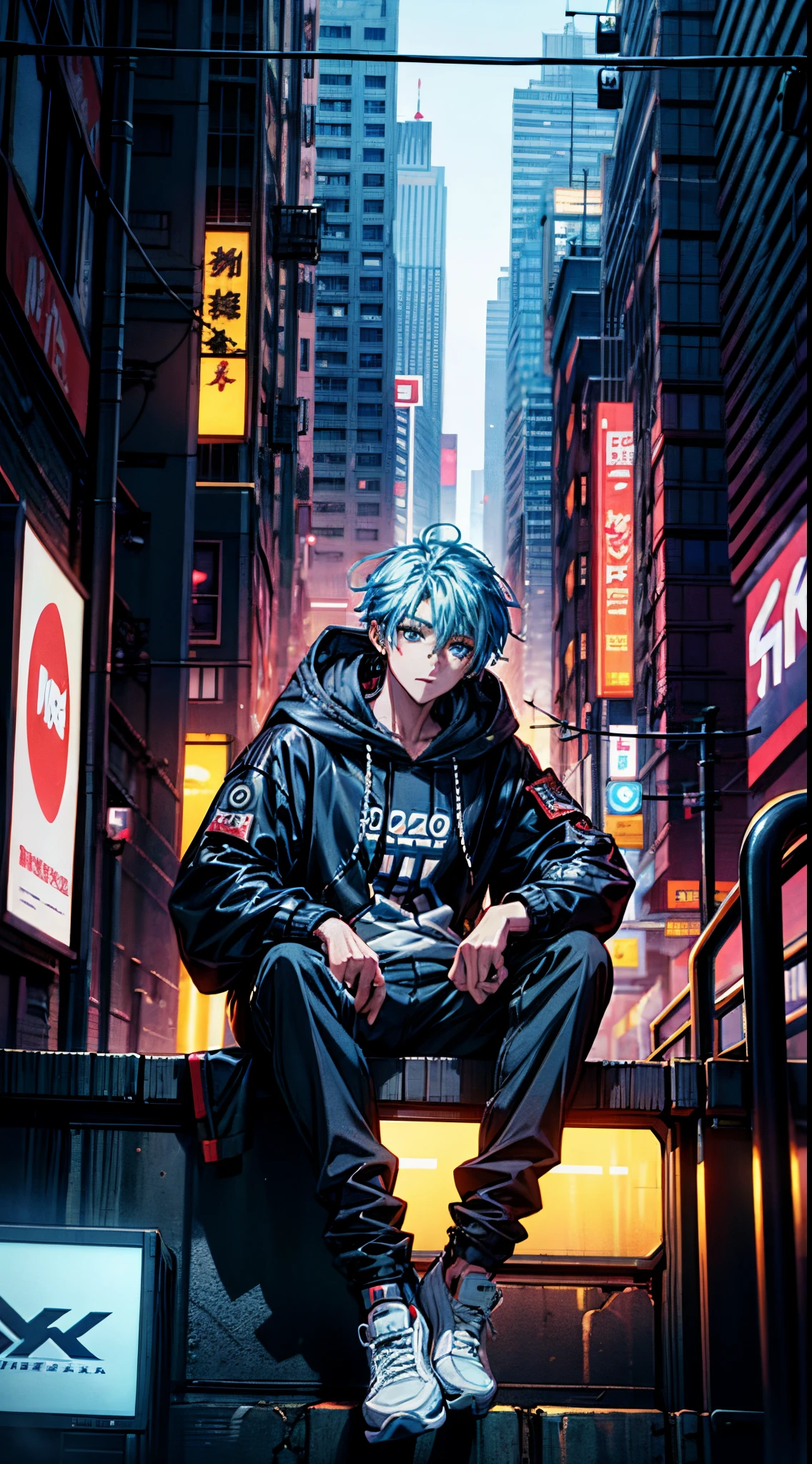 anime boy sitting on a ledge in a city at night, digital cyberpunk anime art, anime cyberpunk art, cyberpunk anime art, modern cyberpunk anime, digital cyberpunk - anime art, anime cyberpunk, badass anime 8 k, anime style 4 k, 4k anime wallpaper, tall anime guy with blue eyes, cyberpunk anime girl in hoodie, hd anime wallaper, cyberpunk hero