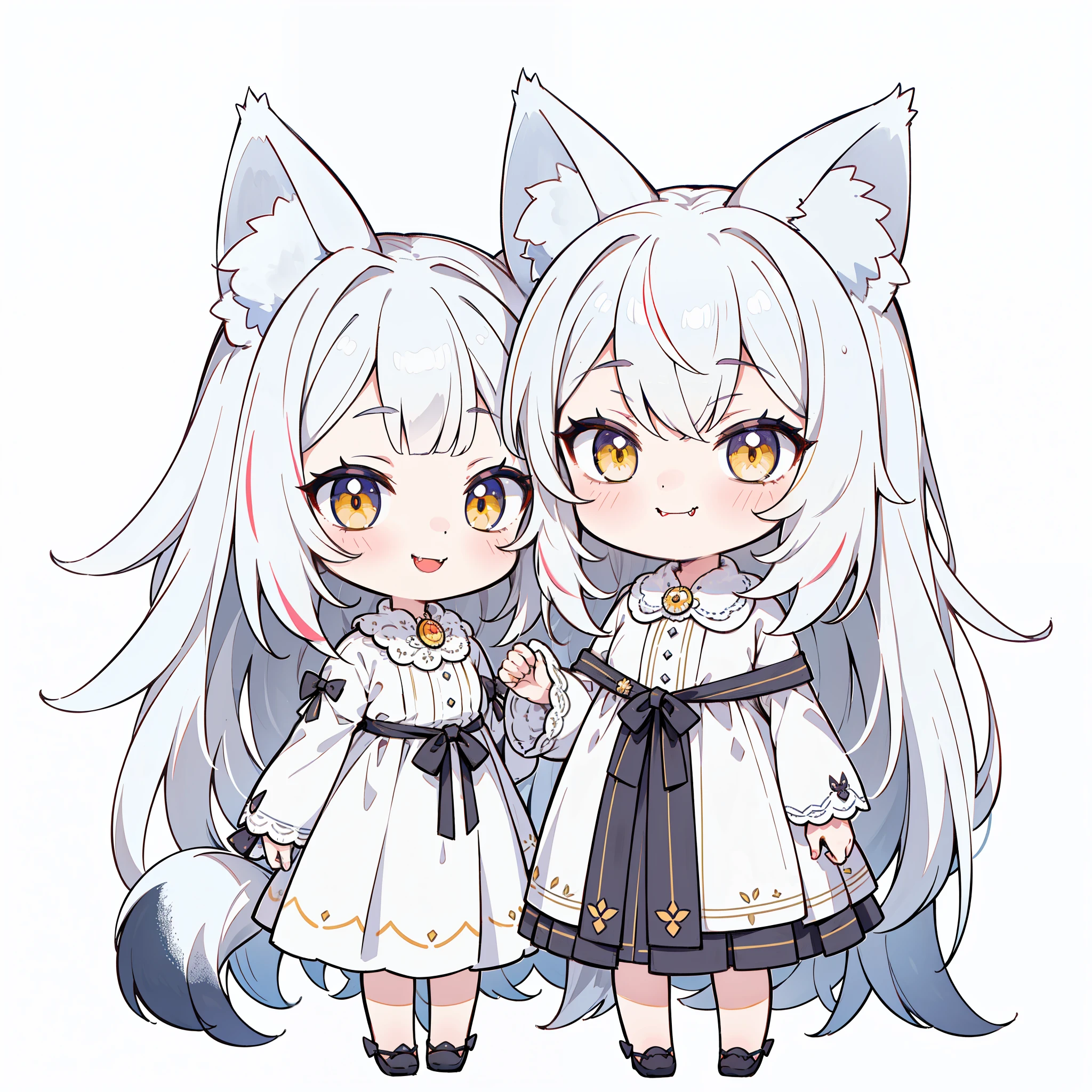 (best quality), detailed drawing, (masterpiece), near shot, upper body,1 girl, simple background, cute, kawaii, smile, masterpiece, best quality, 1girl, masterpiece, high quality, best quality, (concept art, official art, full body), ((((characters that anthropomorphized wolf)))), silver hair, ((white streaked hair)), spiked hair, yellow eyes, smirk, fangs out, simple background, highly detailed fine art, (finely detailed beautiful eyes and detailed face), delicate depiction of facial features, simple background