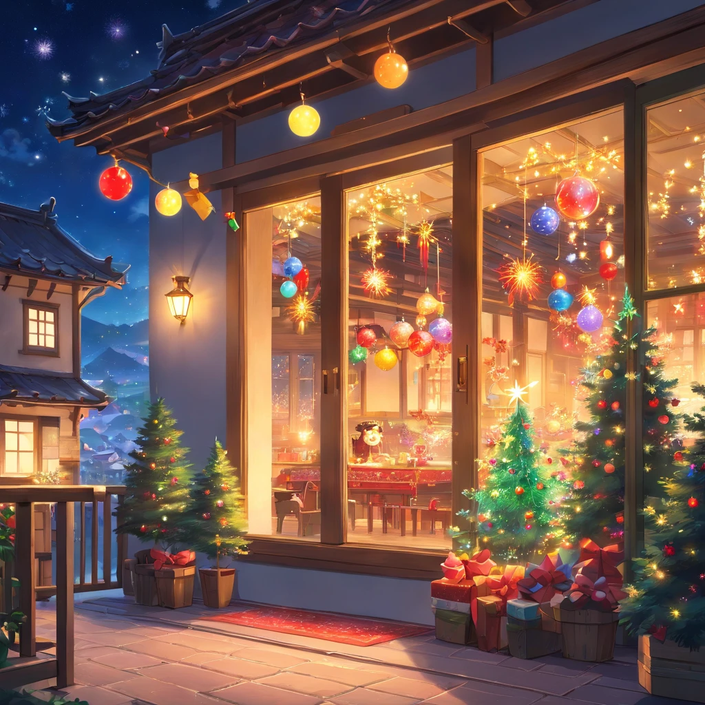 in the spacious living room,A gorgeous Christmas tree stands tall。The branches are decorated with colorful lights,Let the whole room be filled with warm light。Brilliant colorful balls and shining stars dotted among the branches,It gives a fairytale feeling。 Gifts of all shapes and sizes hanging from the Christmas tree。Exquisite gift box wrapped with exciting surprises,Gold, silver, red and green ribbons are twisted into beautiful bows。Every gift represents warmth and blessing,Waiting to be opened。 Through the window,You can see nightfall outside the house,Dots of fireworks bloom in the darkness。Colorful lights cut through the night sky,Illuminates the whole city。The sound of fireworks bursting into the room accompanied by cheers,Gives people a feeling of joy and blessing。 Outside the house
