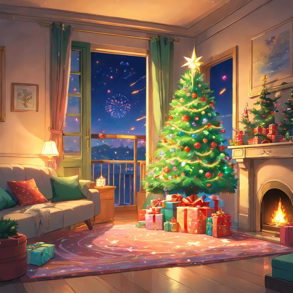 in the spacious living room,A gorgeous Christmas tree stands tall。The branches are decorated with colorful lights,Let the whole room be filled with warm light。Brilliant colorful balls and shining stars dotted among the branches,It gives a fairytale feeling。 Gifts of all shapes and sizes hanging from the Christmas tree。Exquisite gift box wrapped with exciting surprises,Gold, silver, red and green ribbons are twisted into beautiful bows。Every gift represents warmth and blessing,Waiting to be opened。 Through the window,You can see nightfall outside the house,Dots of fireworks bloom in the darkness。Colorful lights cut through the night sky,Illuminates the whole city。The sound of fireworks bursting into the room accompanied by cheers,Gives people a feeling of joy and blessing。 Outside the house