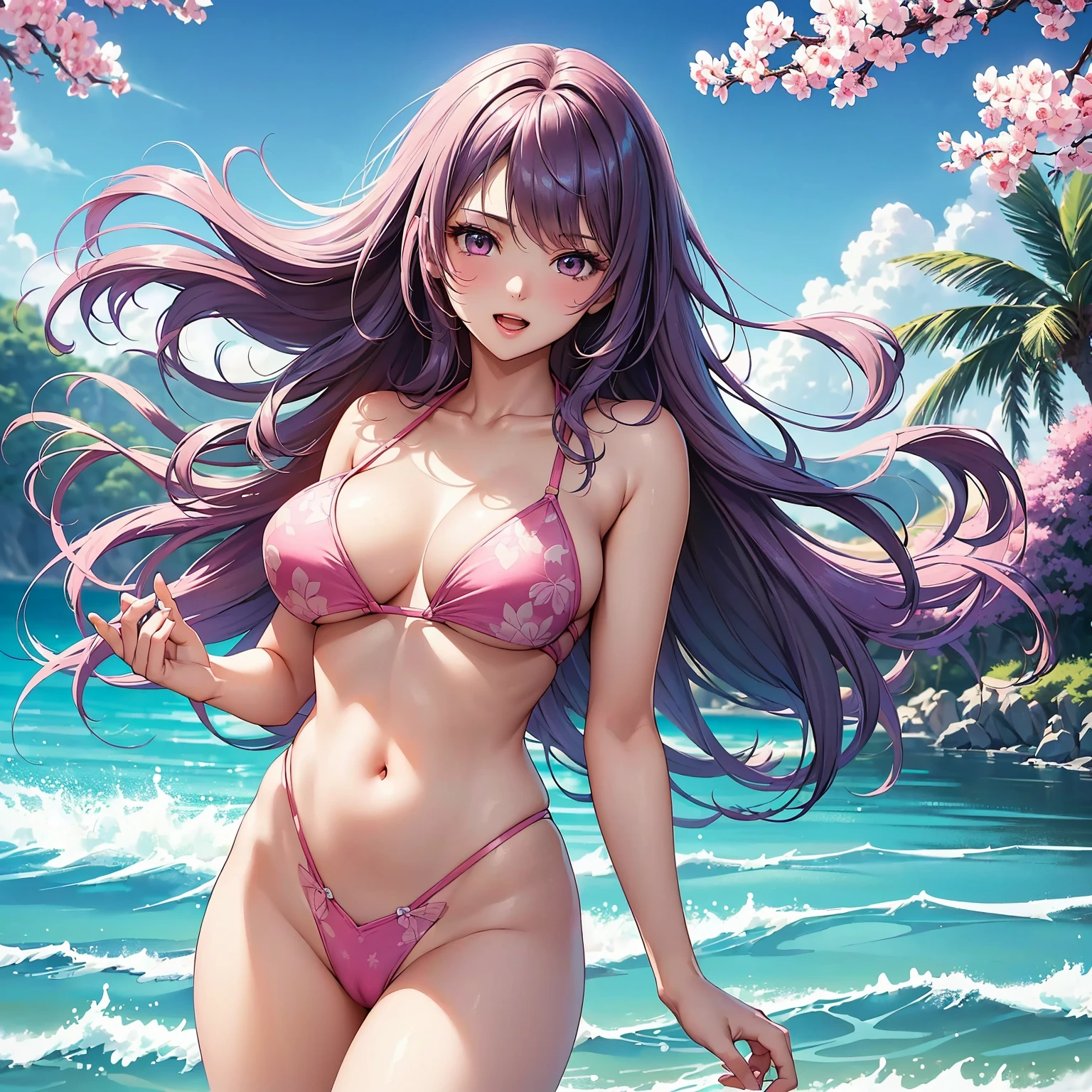 (top-quality、magnifica、very high res、An ultra-high picture quality、High quality pixels)、(She is a mysterious and bewitching woman、And she is 18 years old、1 person、Single、独奏:1.5)、(She is a very beautiful woman with a beautiful face)、(Beautiful face written in detail,Beautiful body,Eyes with a strong will,Pink eyes,beautiful and colorful hair,Beautiful skin texture,Beautiful hair quality,Variety of hairstyles)、(Slender body and beautiful breasts)、(Lovely smile,Open mouth)、(Wearing a bikini swimsuit,String bikini,patterned bikini,Outdoor pool,Beautiful blue sky),(The wind is blowing,Hair flutters under the influence of the wind),Beautiful Art Style,an animated character、(The whole picture、Detailed picture、accurate anatomy、Defect-free images、extremely detailed picture、Accurate images、image perfect)、(Best Shot Photo 1.2)