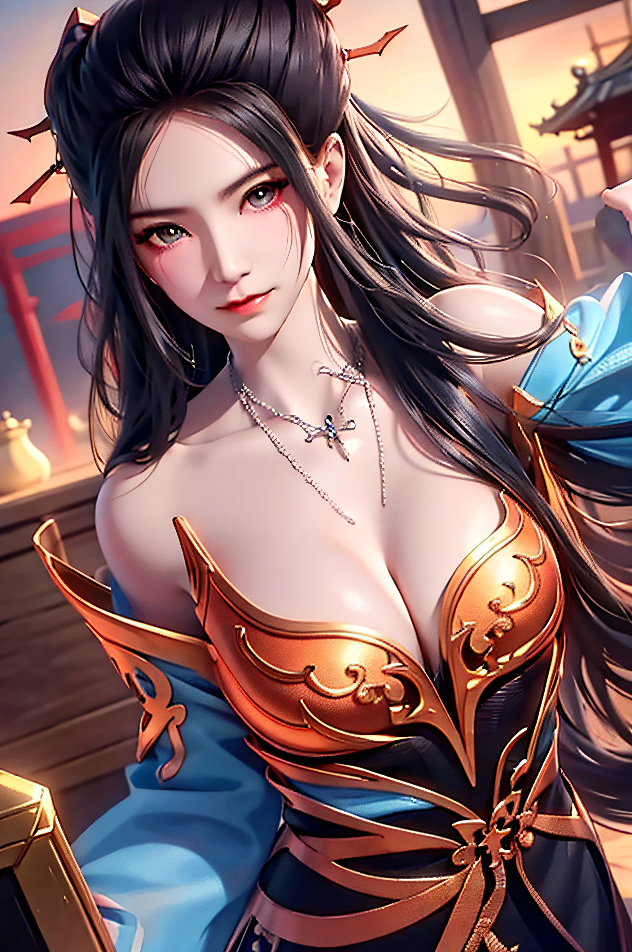 best quality, masterpiece, highres, 1girl,blush,(seductive smile:0.8),star-shaped pupils,china hanfu,hair ornament,necklace, jewelry,Beautiful face,upon_body, tyndall effect,photorealistic, dark studio, rim lighting, two tone lighting,(high detailed skin:1.2), 8k uhd, dslr, soft lighting, high quality, volumetric lighting, candid, Photograph, high resolution, 4k, 8k, Bokeh