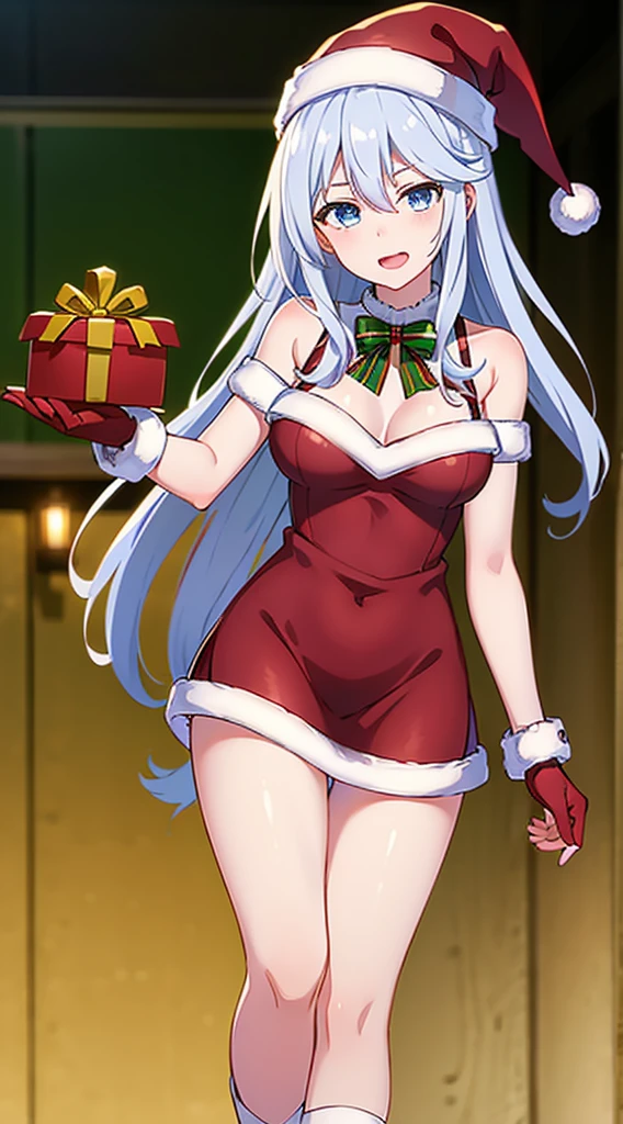 masterpiece, best quality, 1 solo girl, silver hair, blue eyes, long hair, wavy hair, Christmas ornaments, medium breasts, mature body and face, red christmas dress, christmas, christmas light, christmas tree, red gloves, red santa skirt, holding gift, red bra, red panty, leg up, cowboy shots, sexy pose, dakimakura, detailed body, face, and eyes, sharp focus, vibrant, creative, dynamic, high definition, high resolution, 8k, (Upscale: R-ESRGAN 4x+ Anime6B), (Image enchance:4x), voluptuous body
