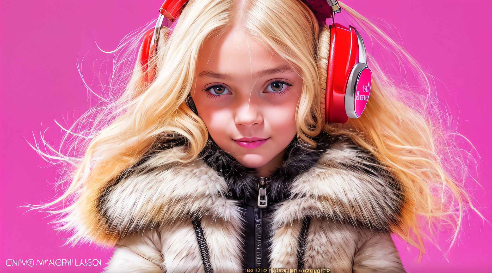 GIRL CHILD , RUSSIAN STYLE BLONDE HEADPHONES, BLACK FUR COAT, MESSY SHOULDER LENGTH BLONDE HAIR, RED BACKGROUND, BROWN EYES, HAPPY, CLEAN DETAILED FACES, INTRACATE CLOTHES, ANALOGOUS COLORS, BRIGHT SHADOWS, BEAUTIFUL GRADIENT, DEPTH OF FIELD, CLEAN IMAGE, HIGH QUALITY, HIGH DETAIL, HIGH DEFINITION, LUMINOUS STUDIO GRAPHICS ENGINE, BEAUTIFUL FACE