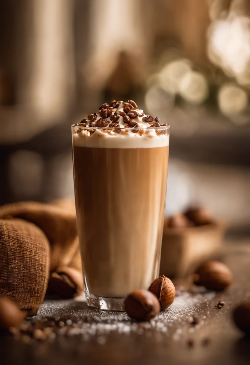 A detailed shot of a hazelnut iced latte, capturing the rich, nutty flavor of the hazelnut syrup mixed with velvety milk and espresso, adorned with a drizzle of chocolate syrup and a sprinkle of crushed hazelnuts on top.