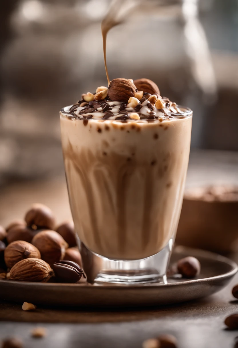 A detailed shot of a hazelnut iced latte, capturing the rich, nutty flavor of the hazelnut syrup mixed with velvety milk and espresso, adorned with a drizzle of chocolate syrup and a sprinkle of crushed hazelnuts on top.