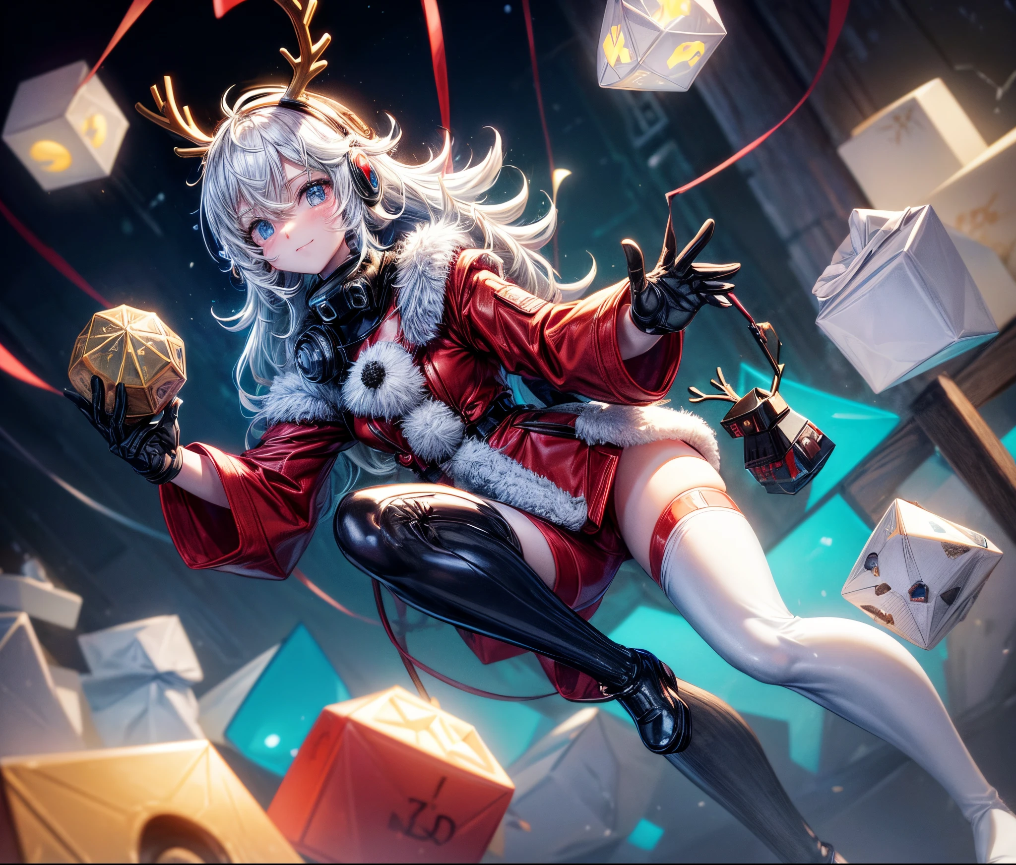 Reindeer, (blind box toy style:1.2), nuttcraker toy, (Full Body Shot) , 1 Transparent Santa claus, Behind him is a snowman and reindeer, snowflakes, Transparent mecha, Exquisite Helmet:1.2, glowing goggles:1.2, Cyberpunk, Dreamy Glow, Luminous neon lamp, clean, white background, ( Global illumination, raytracing, HDR, unreal render,reasonable design, high detailed, masterpiece, best quality, UHD, Cinematic Lighting)