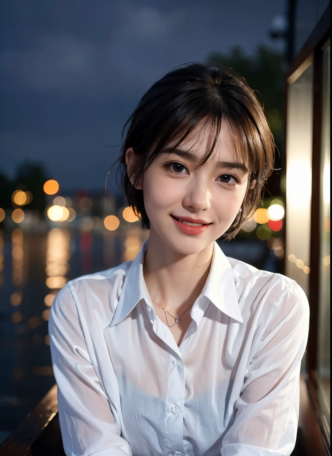 (8k, best quality, masterpiece:1.2), (realistic, photo-realistic:1.37), ultra-detailed solo, beautiful detailed sky, detailed cafe,night,sitting,dating,(nose blush),(smile:1.15),(closed mouth) small breasts, beautiful detailed eyes,(shirt:1.1), night, wet, rain,white lace, (short hair:1.2),floating hair NovaFrogStyle, ((full body)),stand, sexy, cute