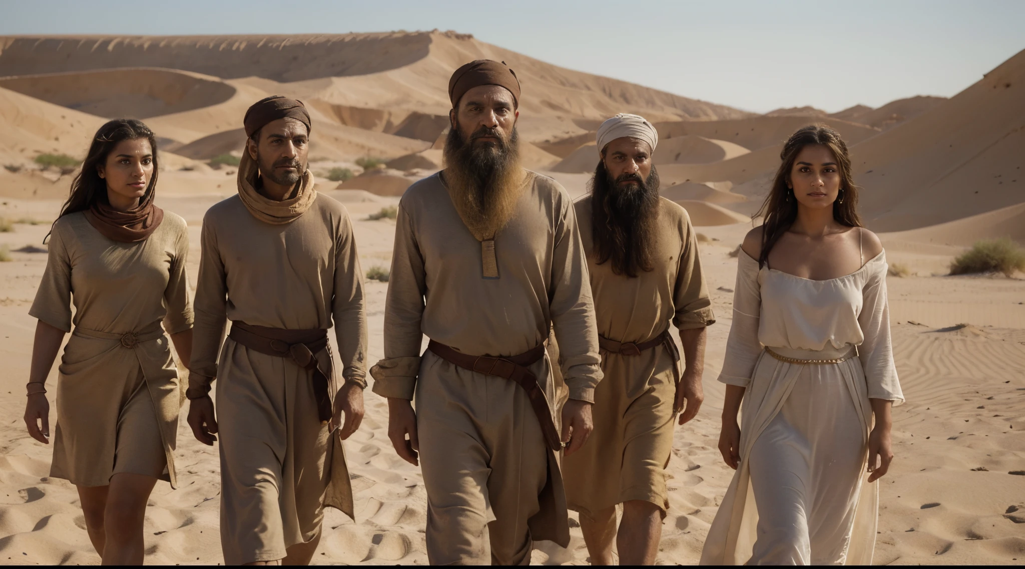(best quality,4k,8k,highres,masterpiece:1.2),3 men in ancient attire,close friends of Job,desert scenery,detailed facial features,long beards,aged eyes,traditional tunic clothing,slightly ruffled hair,fading sunlight, sandy winds,camel caravan passing by,weathered skin,weary expressions,deep wrinkles,wrinkled hands,cracked lips,sand dunes in the background,colorful sunset,ancient ruins in the distance,soft shadows enhancing textures,subtle golden light,quiet and serene atmosphere,classic paintingsque style,rich earthy tones,slender figures,walking with staffs,inspiration from classic Orientalist artworks,muted warm colors,harsh desert environment,stoic and wise demeanor,slightly hunched posture,proud and dignified expressions,Ancient Middle Eastern setting,adorned turbans,age-old traditions and culture.