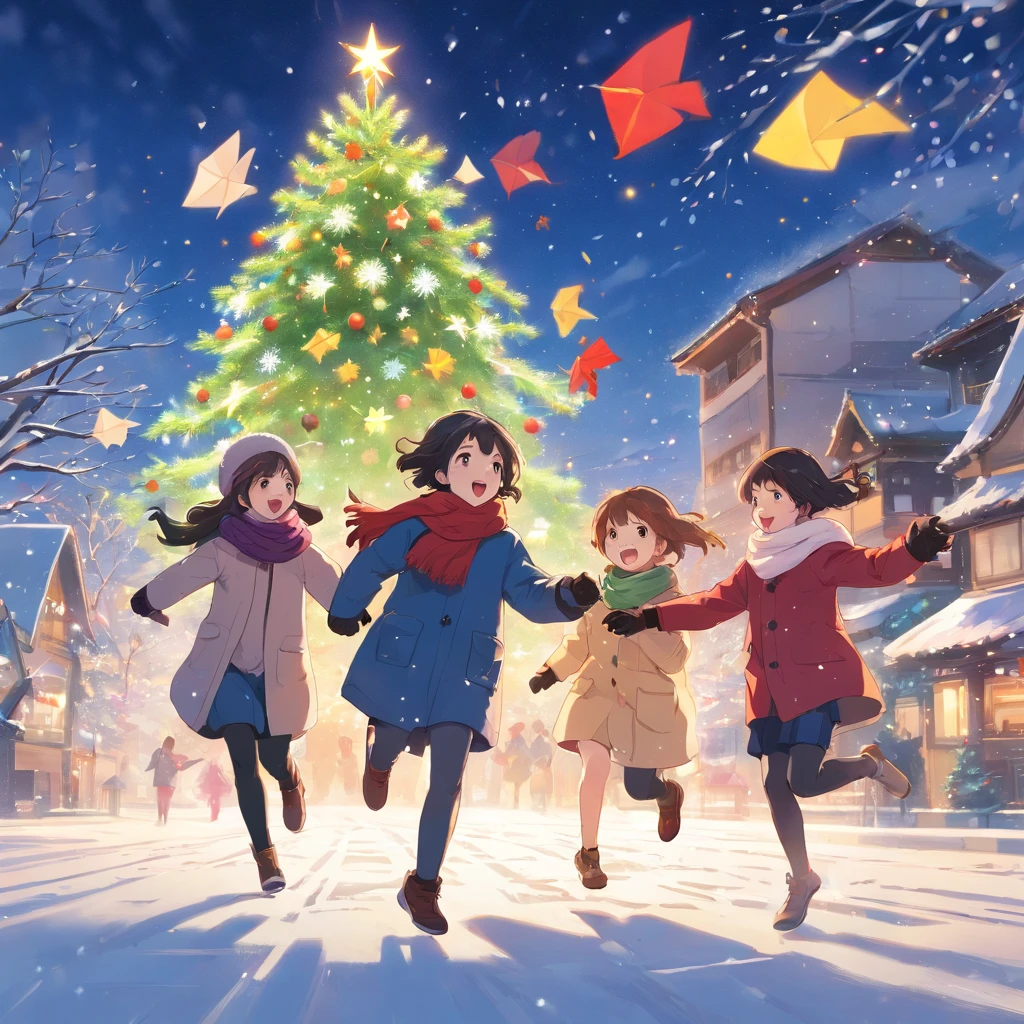 This image shows a beautiful winter scene。In the center of the picture is a tall Christmas tree，It is decorated with colorful lights and shining stars，radiates a warm。The tree is covered with various exquisite decorations，like gold and silver balls、Little red riding hood and gift box。

around the christmas tree，A group of cheerful children are having fun。They wear heavy coats，The snowflakes on my body haven’t completely melted yet。Children jumping and running with joy，With cheerful laughter echoing in the air。They held colored paper and pinwheels with Christmas designs in their hands，flying in the strong wind。

A strong cold wind howled in the sky，The wind makes the branches sway。White snowflakes are blown into the sky by the wind，forming a beautiful snow dance。In the background of this stormy celebration，And some red hats、Scarves and gloves fluttering in the wind，Adds to the festive atmosphere