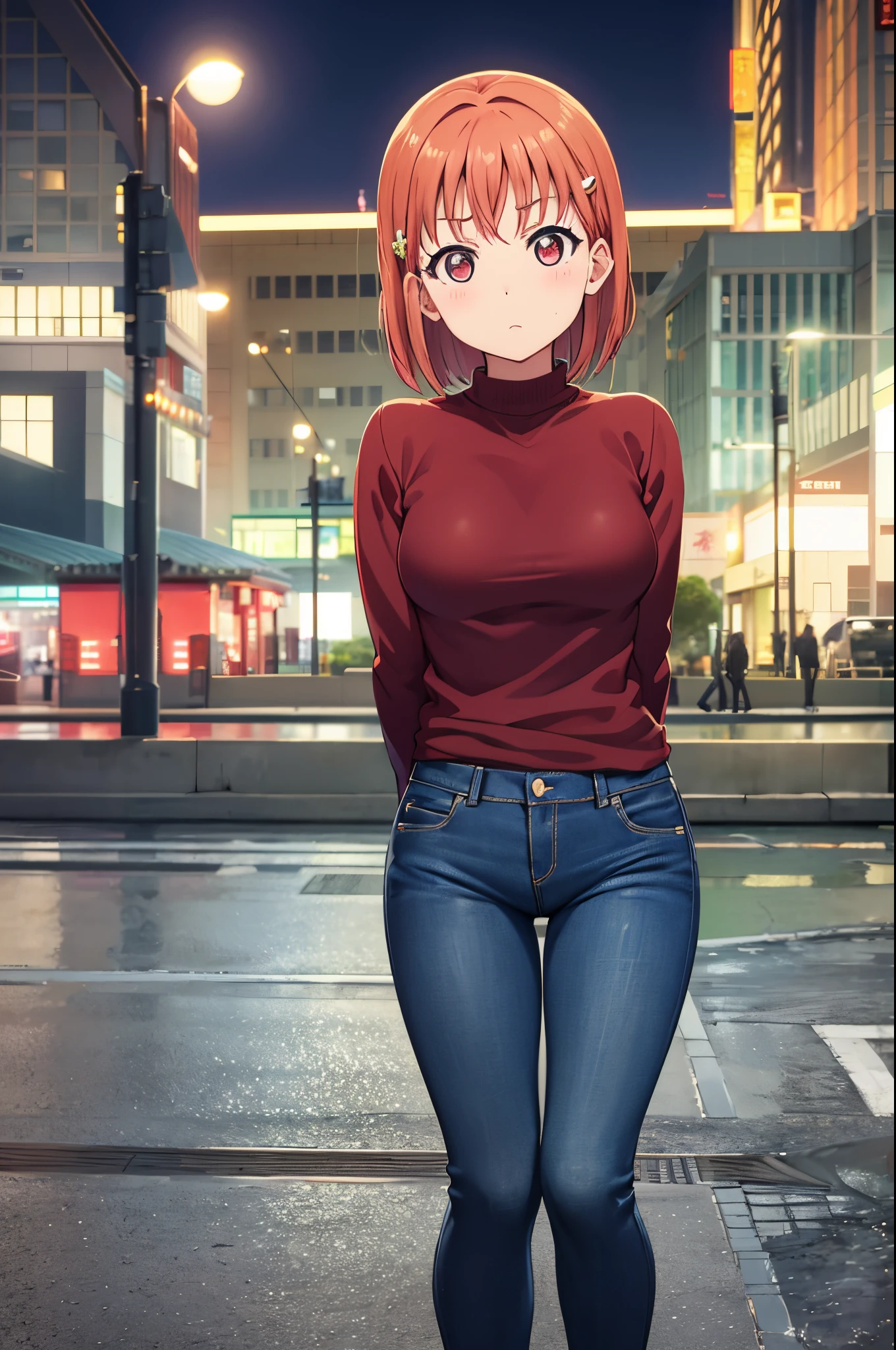 Takami chika, night, train station, tight jeans pants,sweater top,arms behind back, short hair, hair ornament, crotch lines, standing ،yearning, cowboy shot