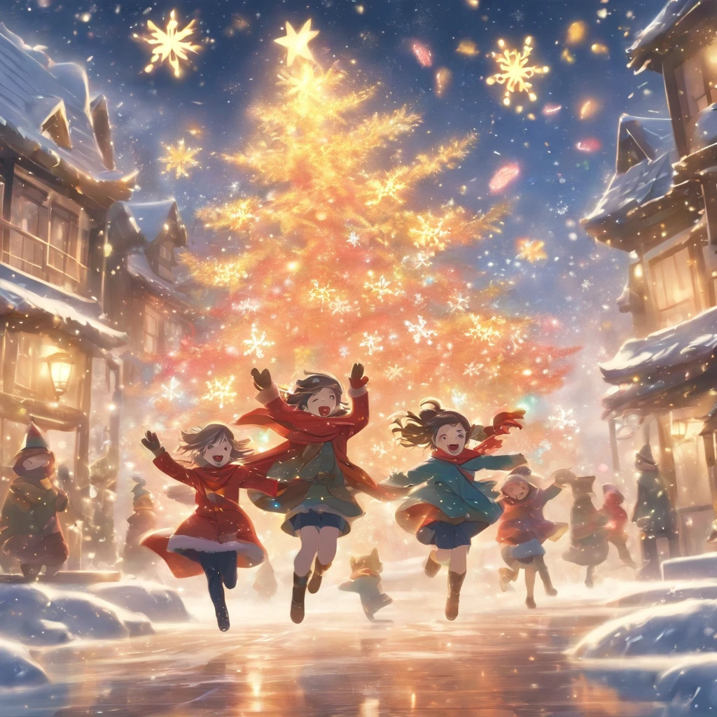 This image shows a beautiful winter scene。In the center of the picture is a tall Christmas tree,It is decorated with colorful lights and shining stars,radiates a warm。The tree is covered with various exquisite decorations,like gold and silver balls、Little red riding hood and gift box。
around the christmas tree,A group of cheerful children are having fun。They wear heavy coats,The snowflakes on my body haven’t completely melted yet。Children jumping and running with joy,With cheerful laughter echoing in the air。They held colored paper and pinwheels with Christmas designs in their hands,flying in the strong wind。
A strong cold wind howled in the sky,The wind makes the branches sway。White snowflakes are blown into the sky by the wind,forming a beautiful snow dance。In the background of this stormy celebration,And some red hats、Scarves and gloves fluttering in the wind,Adds to the festive atmosphere