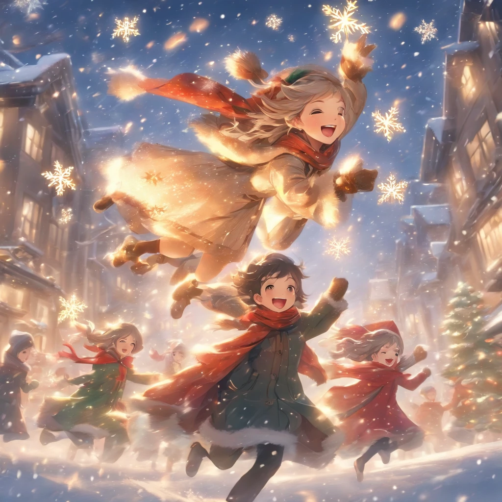 This image shows a beautiful winter scene。In the center of the picture is a tall Christmas tree,It is decorated with colorful lights and shining stars,radiates a warm。The tree is covered with various exquisite decorations,like gold and silver balls、Little red riding hood and gift box。
around the christmas tree,A group of cheerful children are having fun。They wear heavy coats,The snowflakes on my body haven’t completely melted yet。Children jumping and running with joy,With cheerful laughter echoing in the air。They held colored paper and pinwheels with Christmas designs in their hands,flying in the strong wind。
A strong cold wind howled in the sky,The wind makes the branches sway。White snowflakes are blown into the sky by the wind,forming a beautiful snow dance。In the background of this stormy celebration,And some red hats、Scarves and gloves fluttering in the wind,Adds to the festive atmosphere